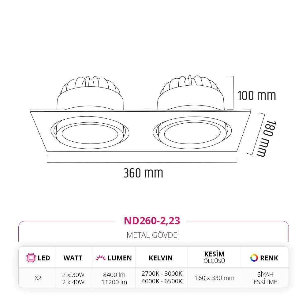 Nevo Sıva Altı İkili Led Spot Eskitme Siyah ND260-2