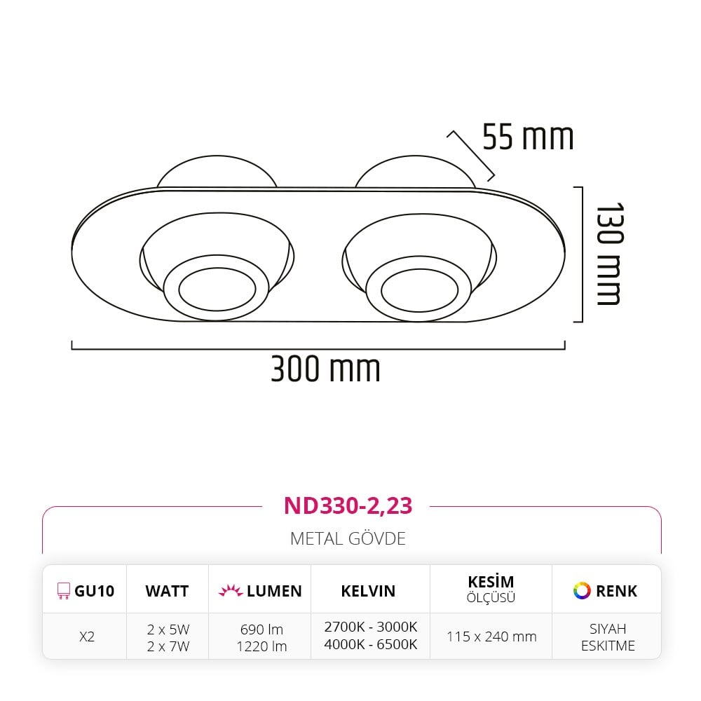 Nevo Sıva Altı İkili Led Spot Eskitme Siyah ND330-2