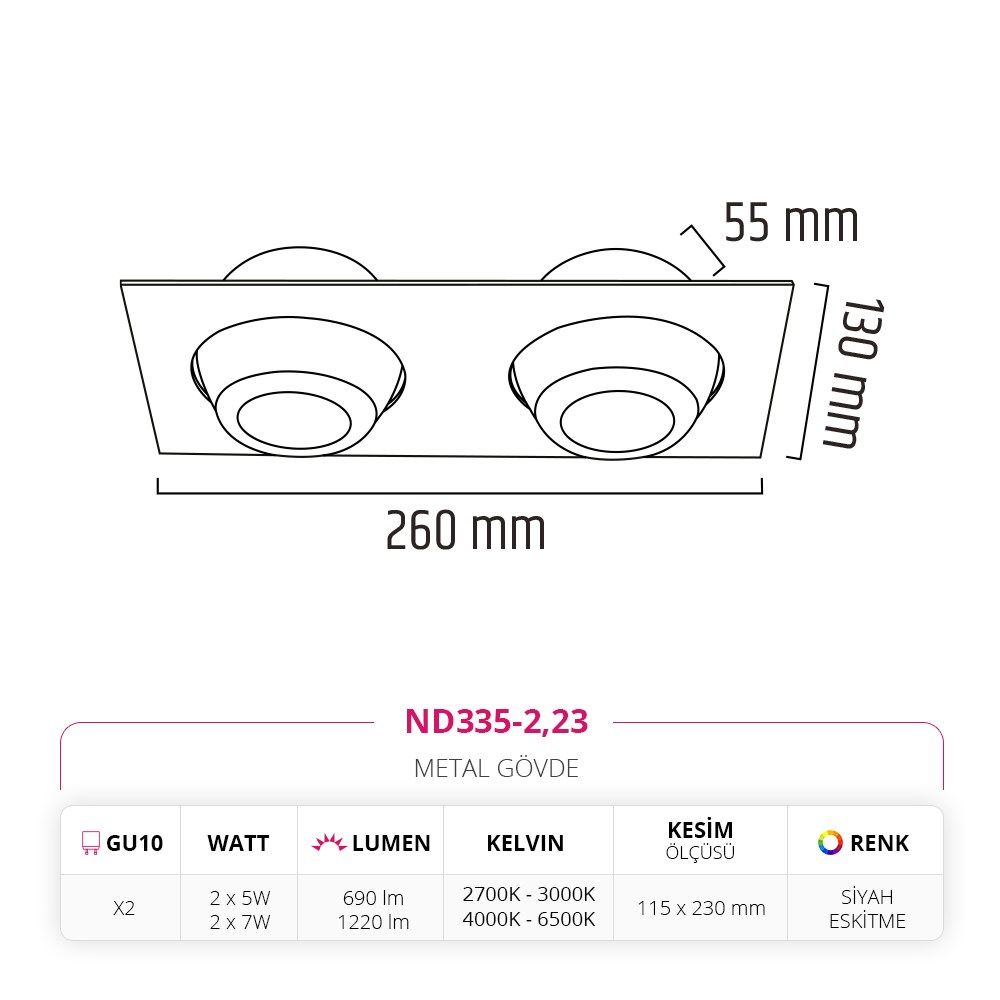 Nevo Sıva Altı İkili Led Spot Eskitme Siyah ND335-2