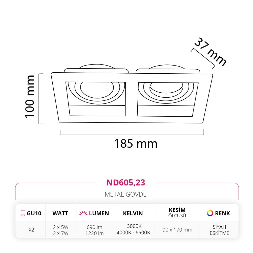Nevo Sıva Altı İkili Led Spot Siyah Eskitme Siyah ND605