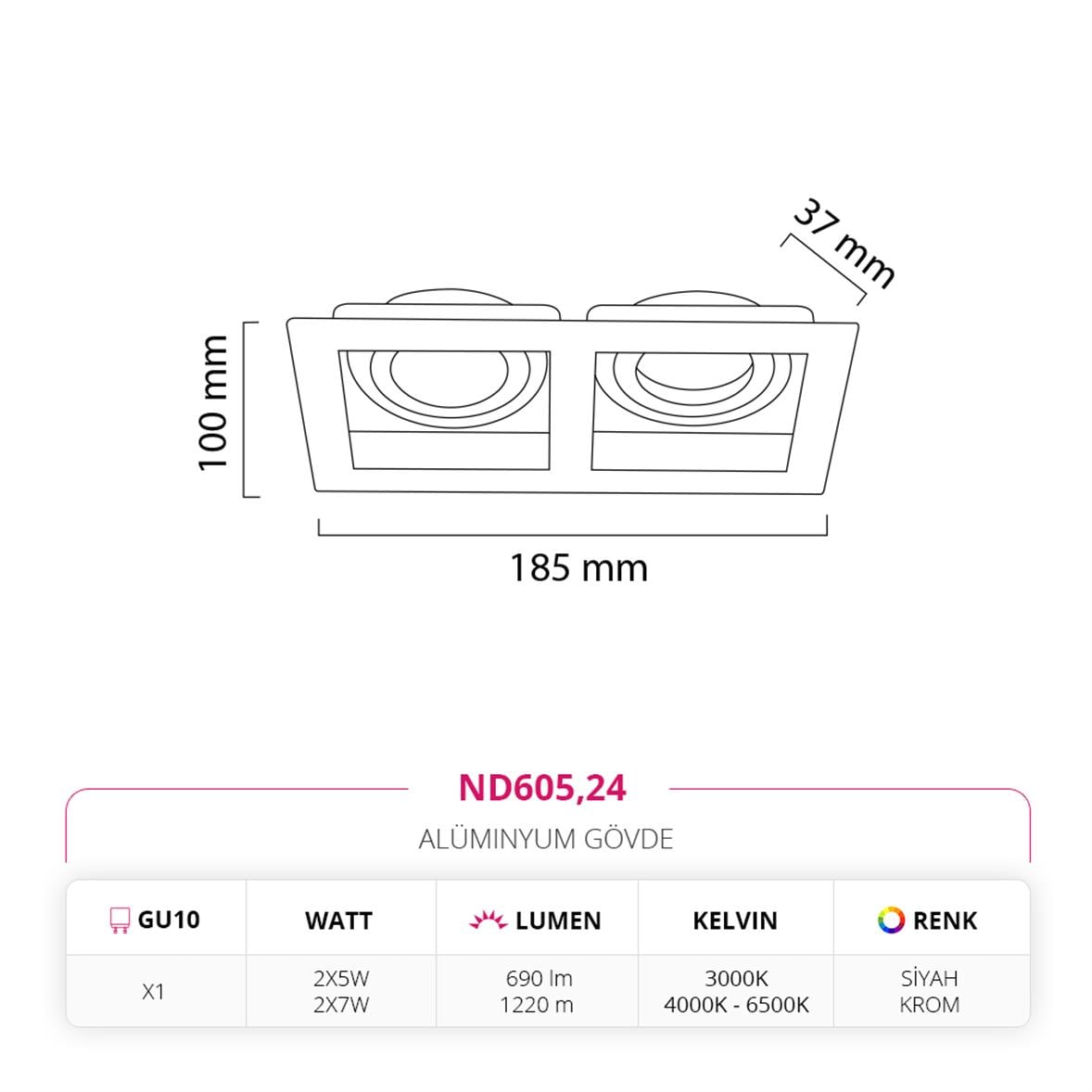 Nevo Sıva Altı İkili Led Spot Siyah Krom Siyah ND605