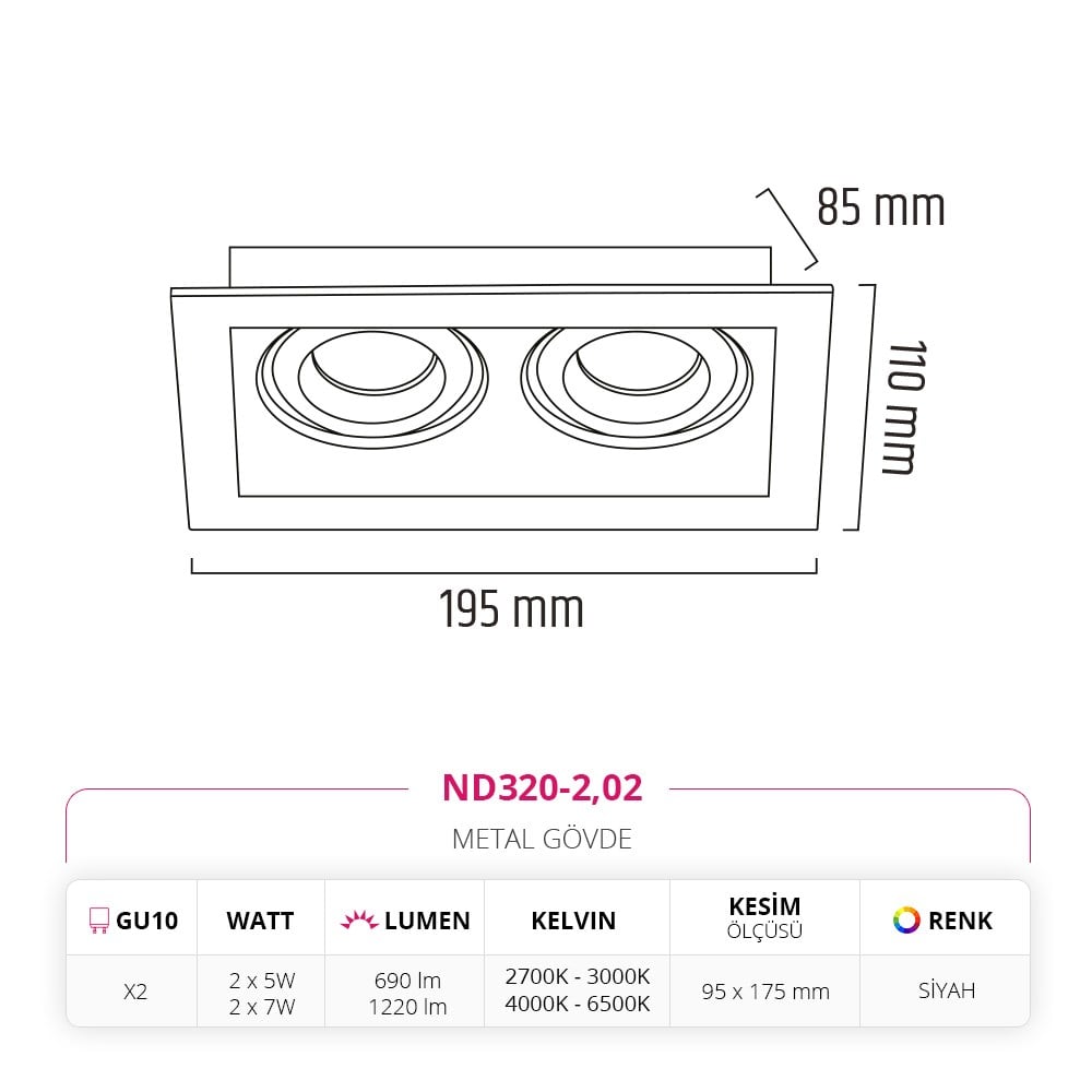 Nevo Sıva Altı İkili Led Spot Siyah ND320-2