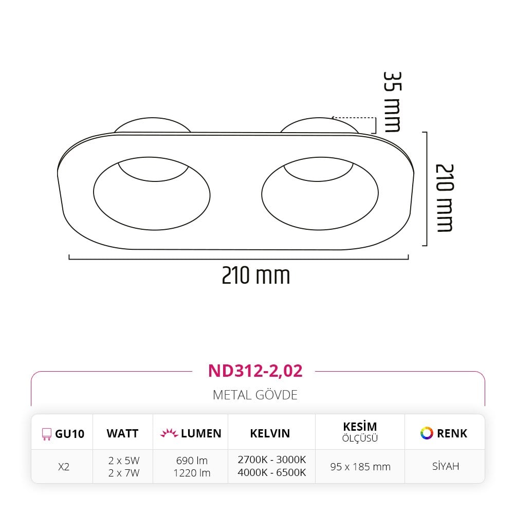 Nevo Sıva Altı İkili Led Spot Siyah ND312-2
