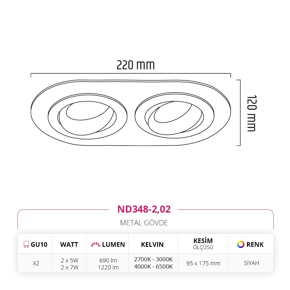 Nevo Sıva Altı İkili Led Spot Siyah ND348-2
