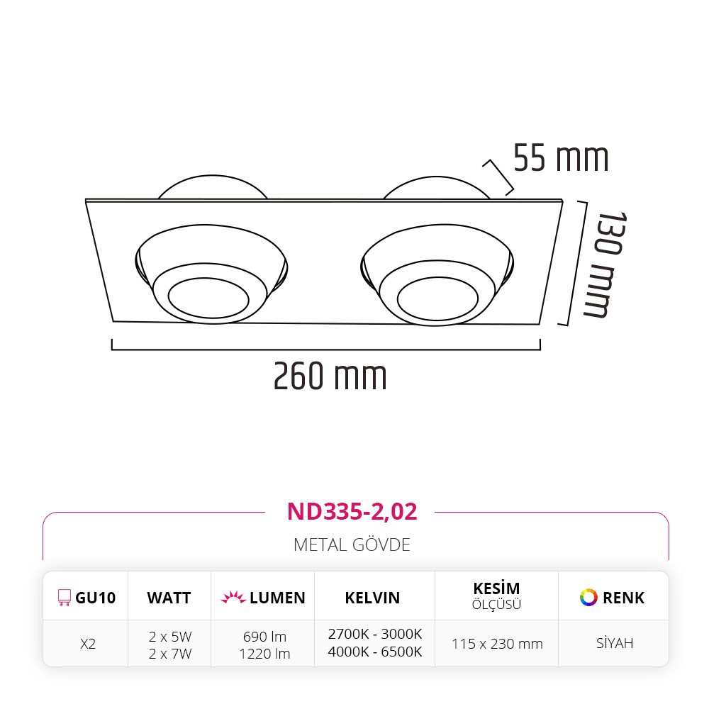 Nevo Sıva Altı İkili Led Spot Siyah ND335-2