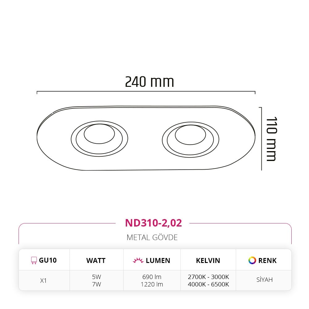 Nevo Sıva Altı İkili Led Spot Siyah ND310-2