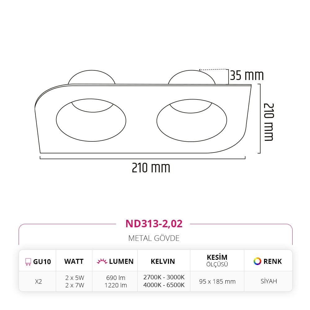 Nevo Sıva Altı İkili Led Spot Siyah ND313-2