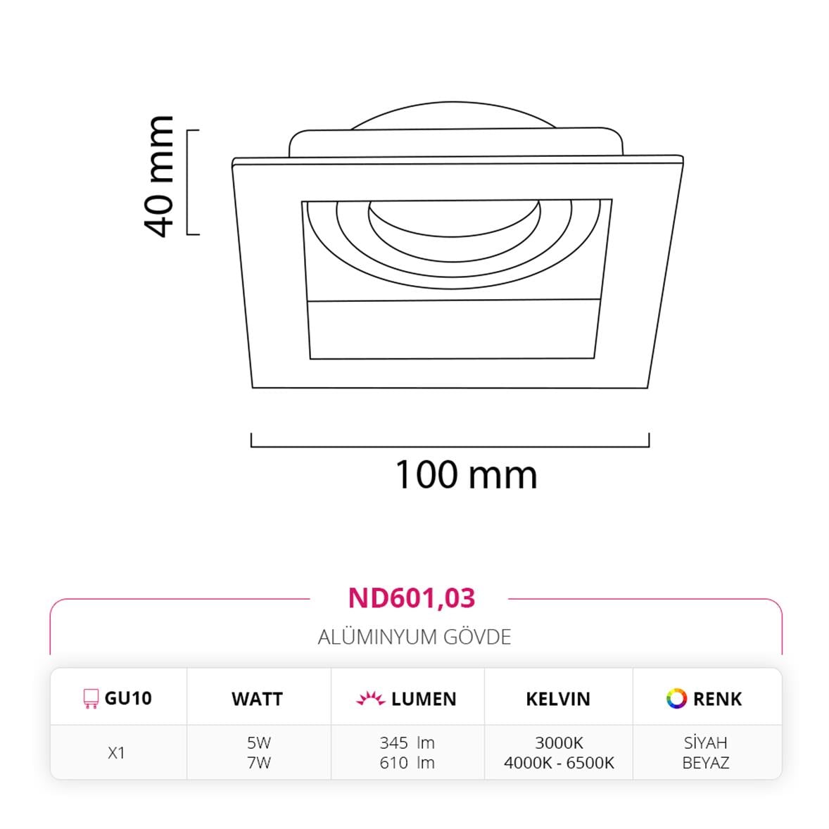 Nevo Sıva Altı Led Spot Beyaz Siyah ND601