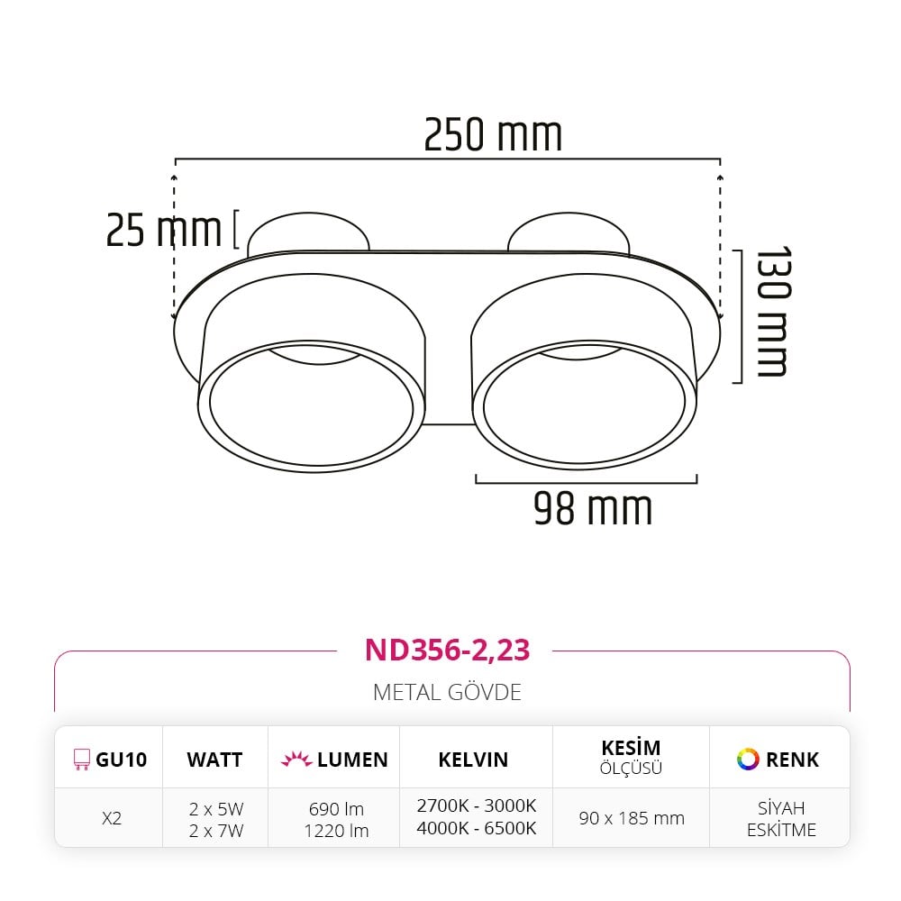 Nevo Sıva Altı Led Spot Eskitme Siyah ND356-2