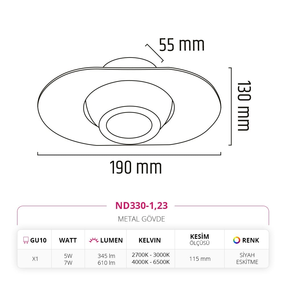 Nevo Sıva Altı Led Spot Eskitme Siyah ND330-1