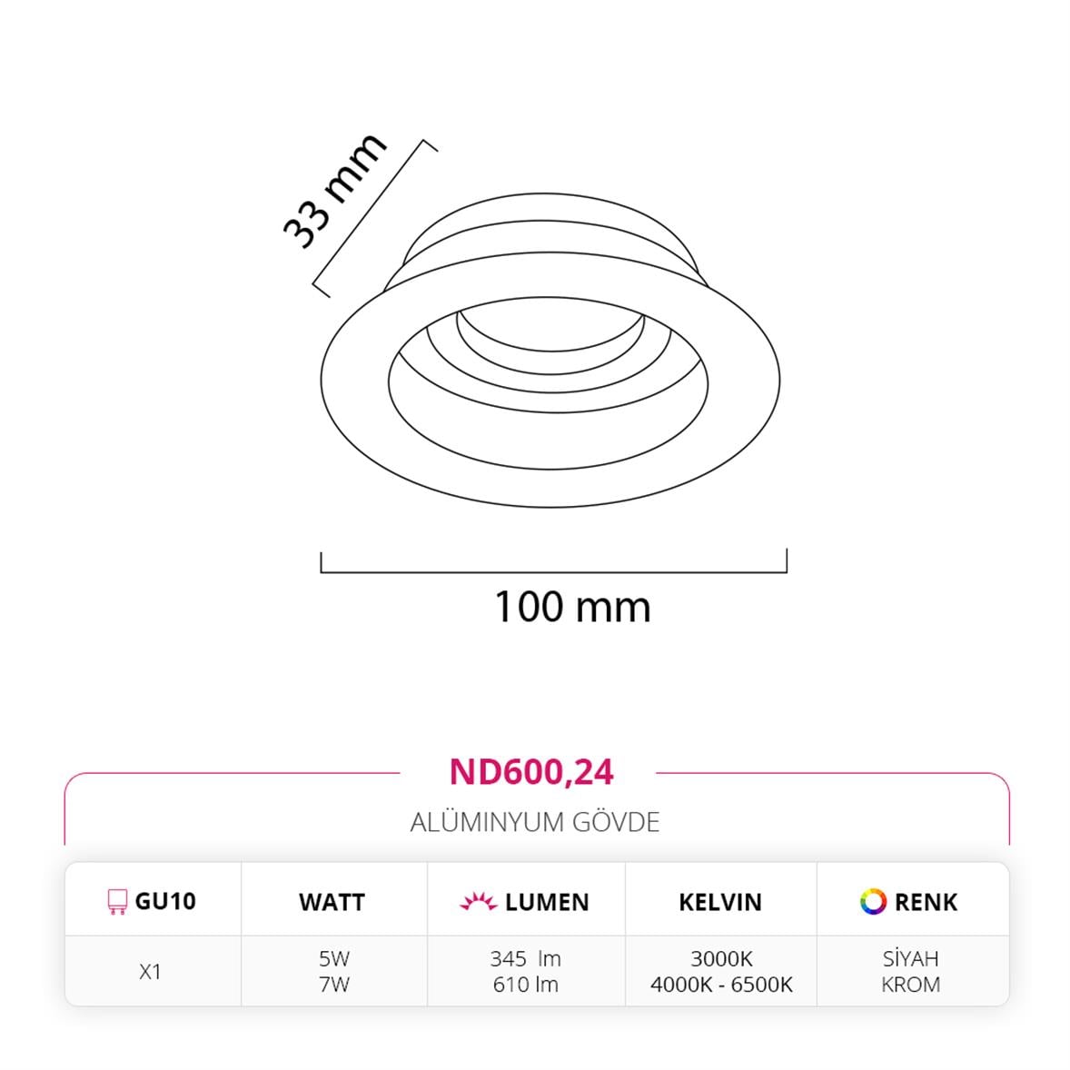 Nevo Sıva Altı Led Spot Krom Siyah ND600