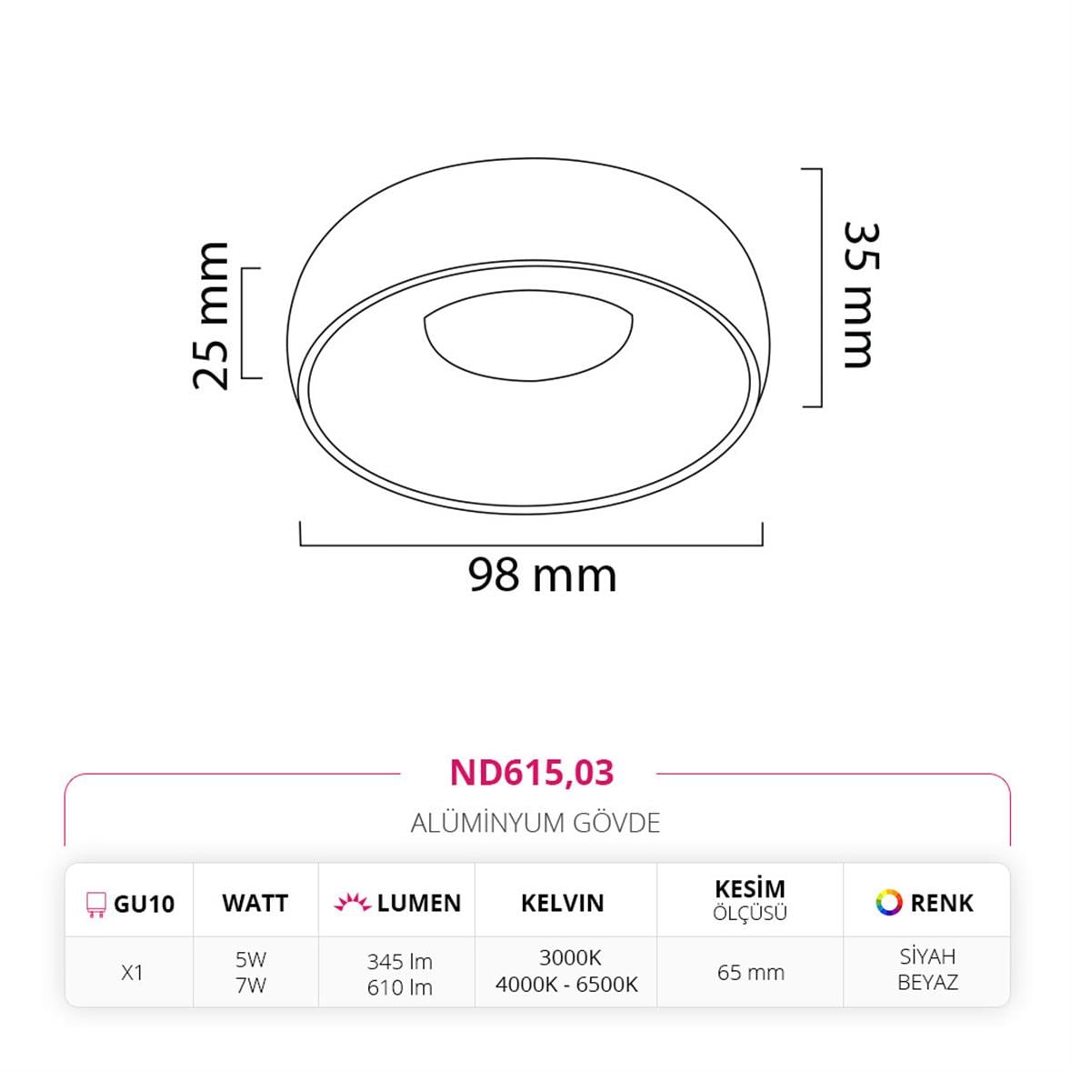 Nevo Sıva Altı Led Spot Siyah Beyaz ND615