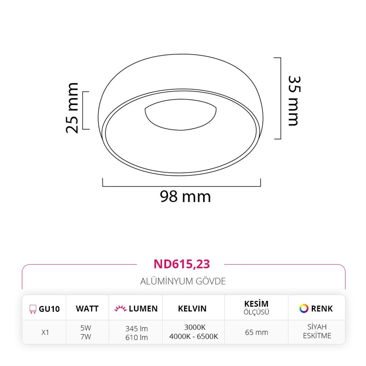 Nevo Sıva Altı Led Spot Siyah Eskitme ND615