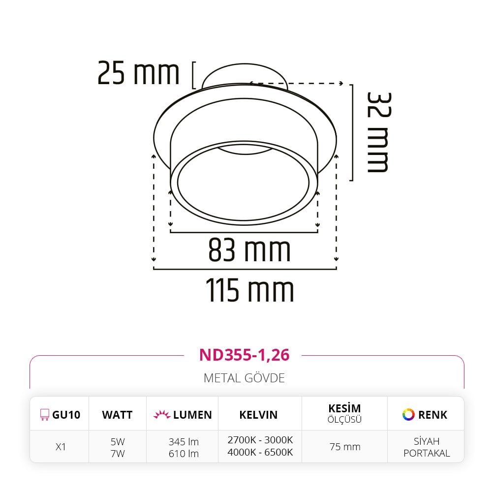 Nevo Sıva Altı Led Spot Siyah Portakal ND355-1