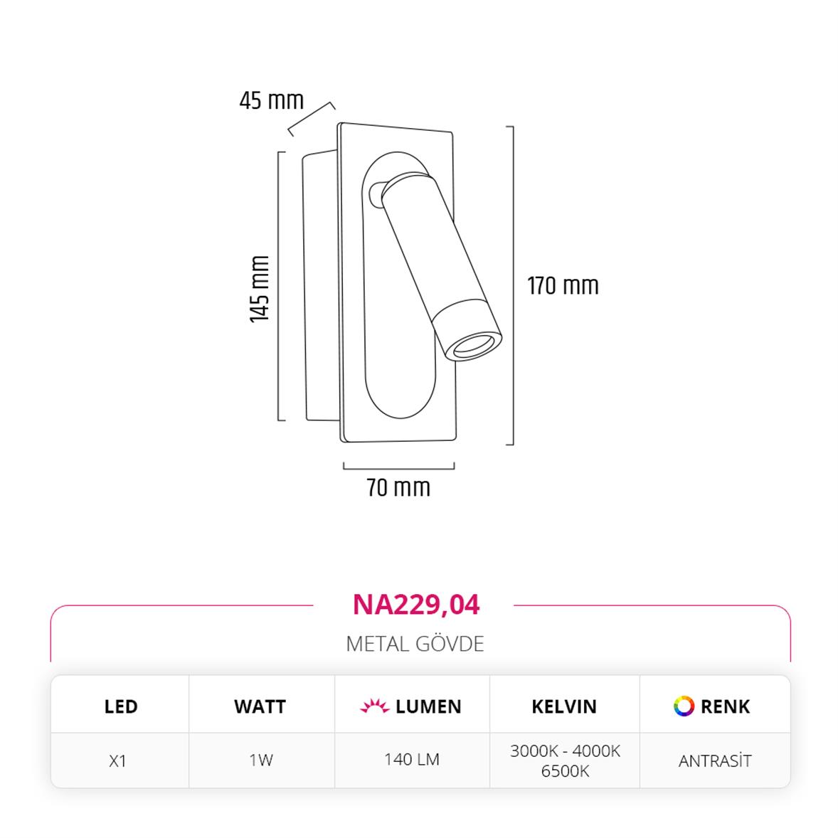 Nevo Sıva Altı Yatak Başı Aplik Antrasit NA229