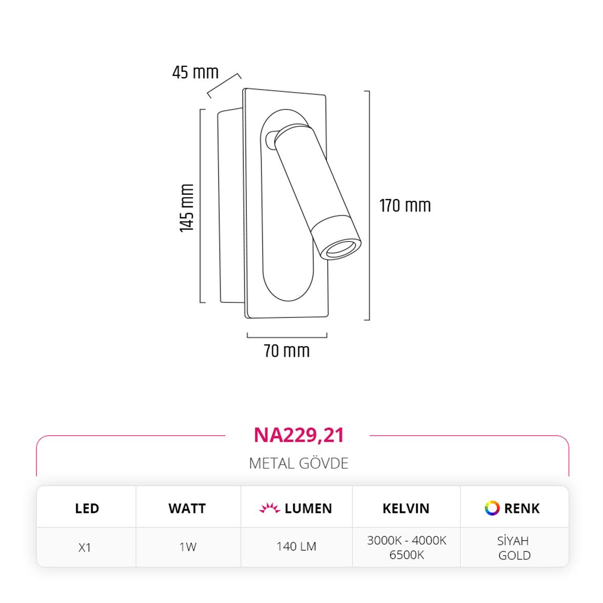 Nevo Sıva Altı Yatak Başı Aplik Siyah Gold NA229