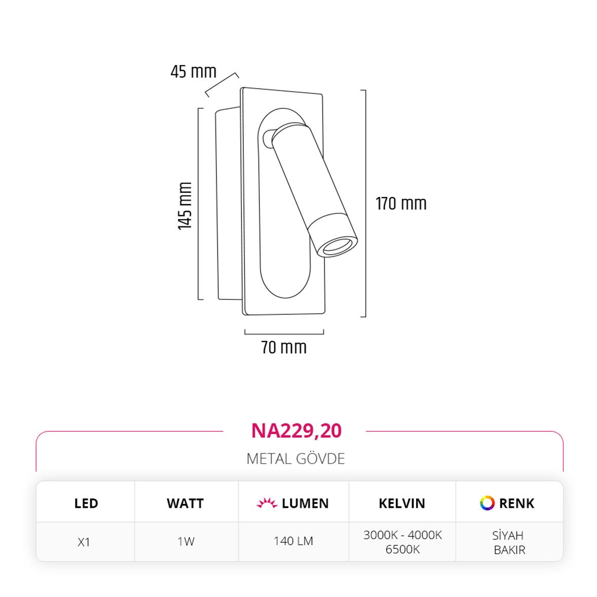 Nevo Sıva Altı Yatak Başı Aplik Siyah Bakır NA229