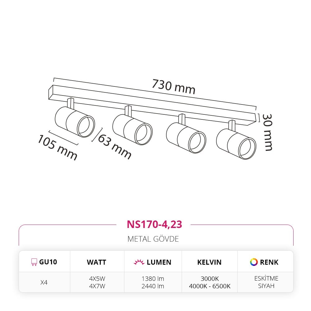 Nevo Sıva Üstü Dörtlü Led Spot Siyah Eskitme NS170-4