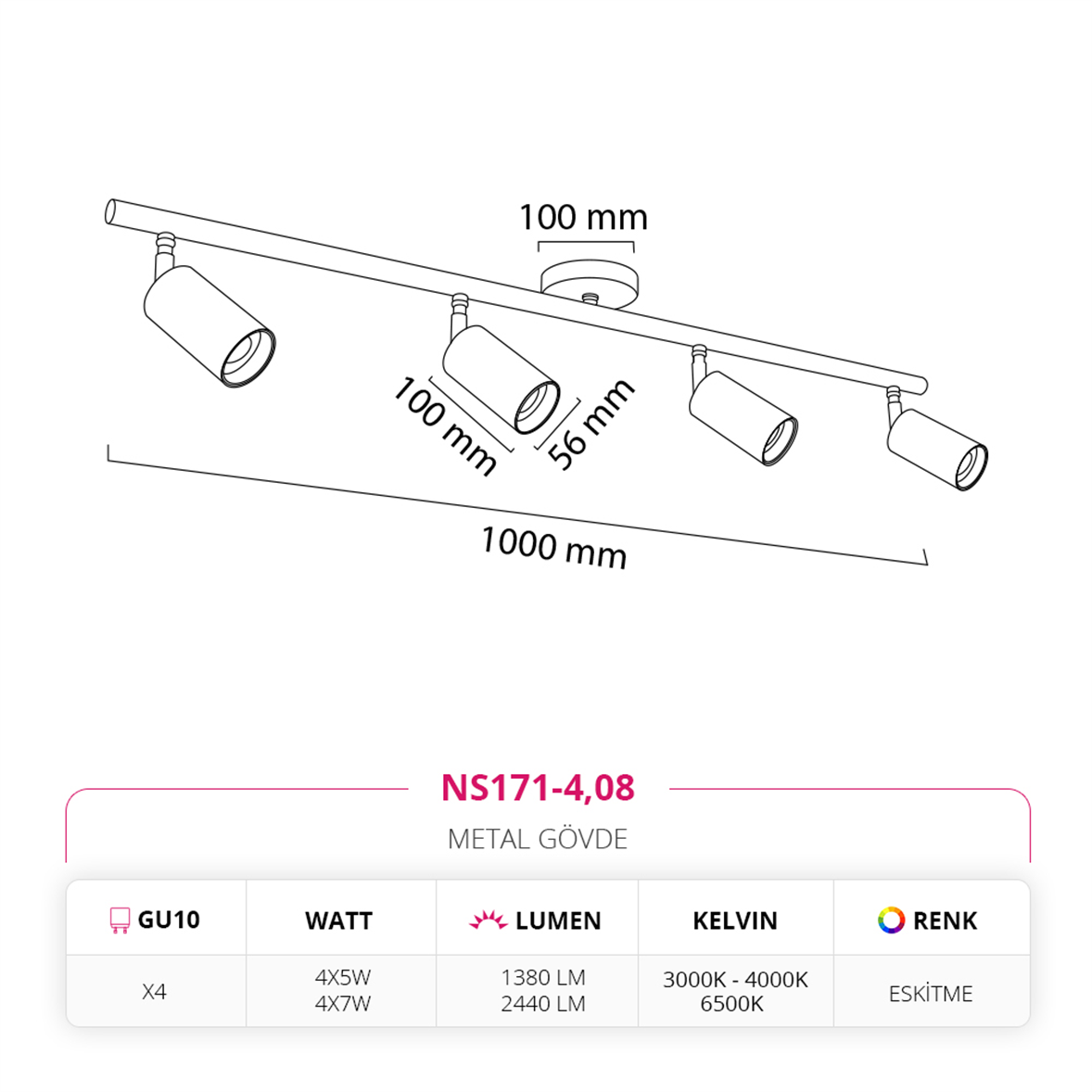 Nevo Sıva Üstü Dörtlü Led Spot Siyah Eskitme NS171-4
