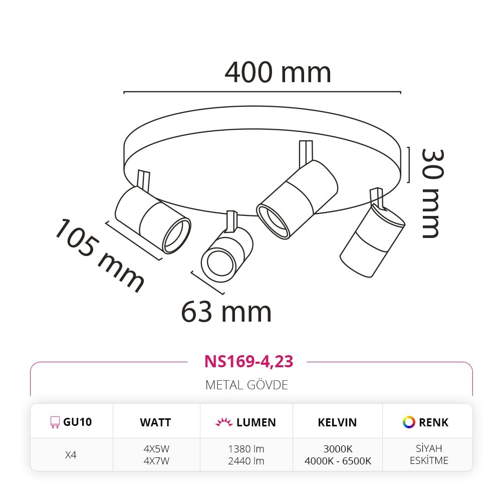 Nevo Sıva Üstü Dörtlü Led Spot Siyah Eskitme NS169-4