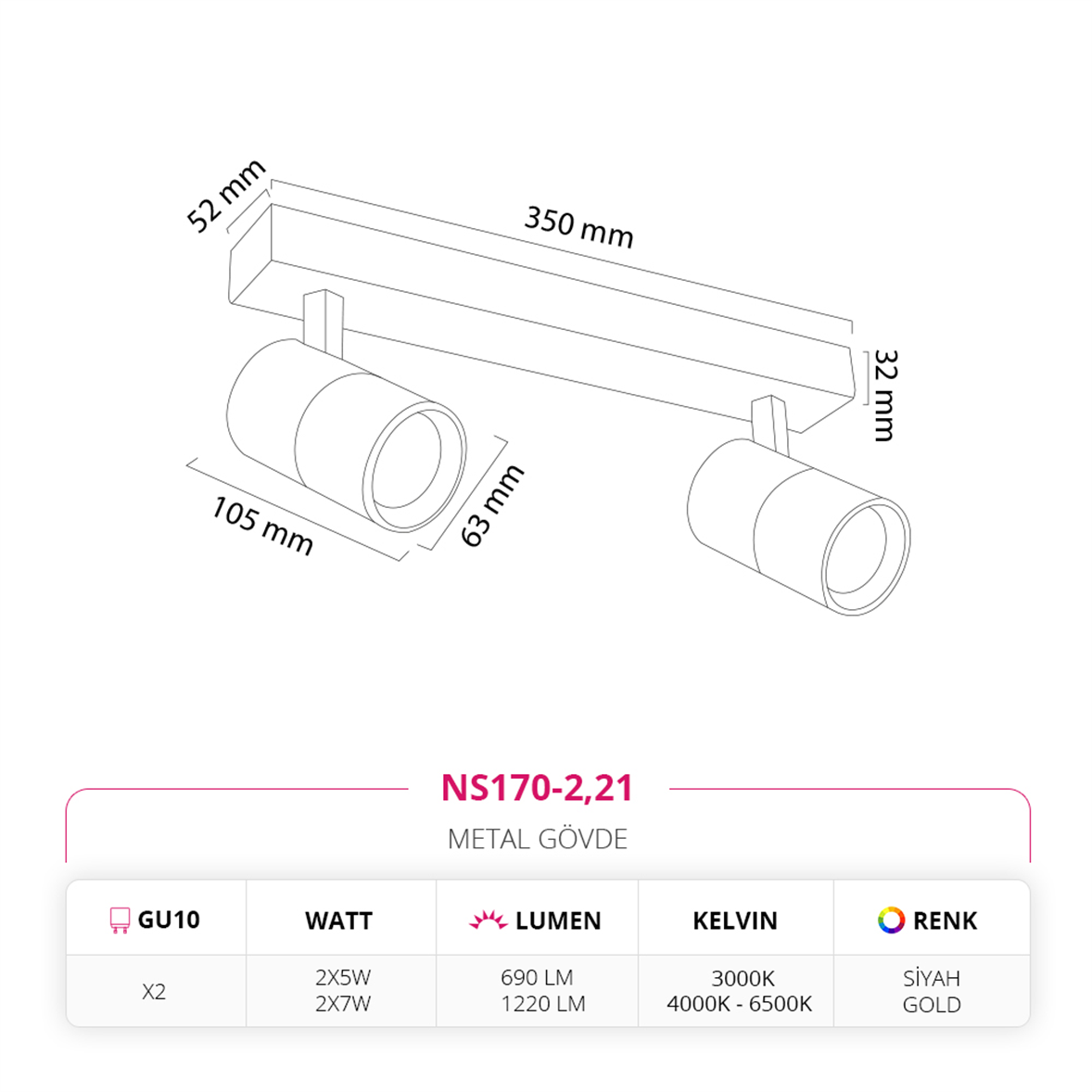 Nevo Sıva Üstü İkili Led Spot Siyah Gold NS170-2