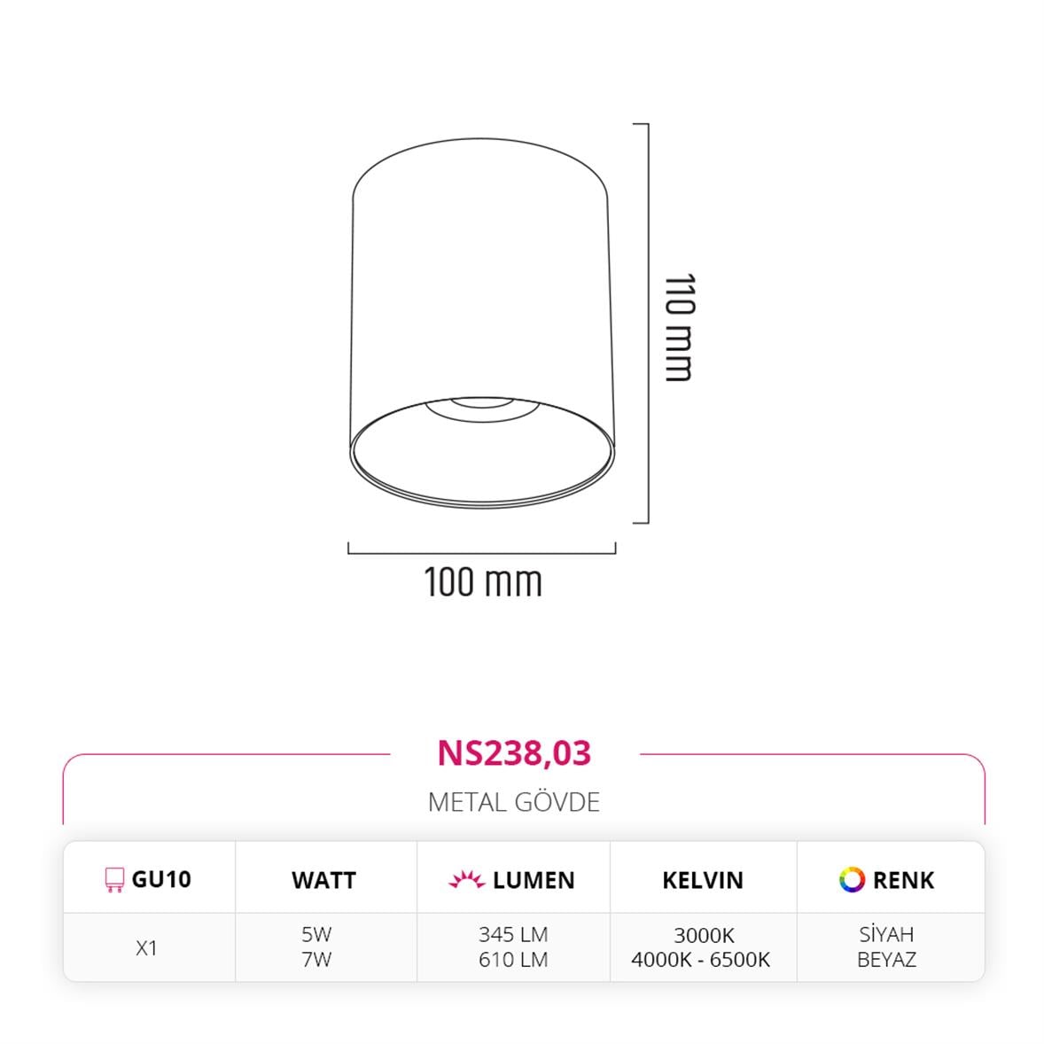 Nevo Sıva Üstü Led Spot Beyaz Siyah NS238