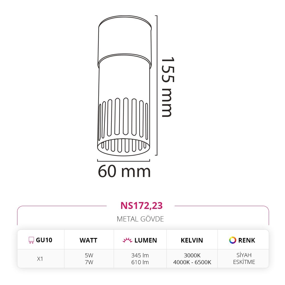Nevo Sıva Üstü LED Spot Eskitme Siyah NS172