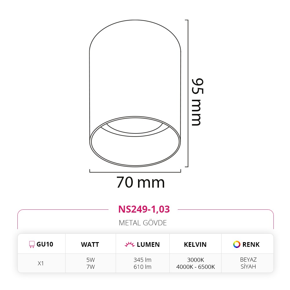 Nevo Sıva üstü Led Spot Siyah Beyaz NS249-1