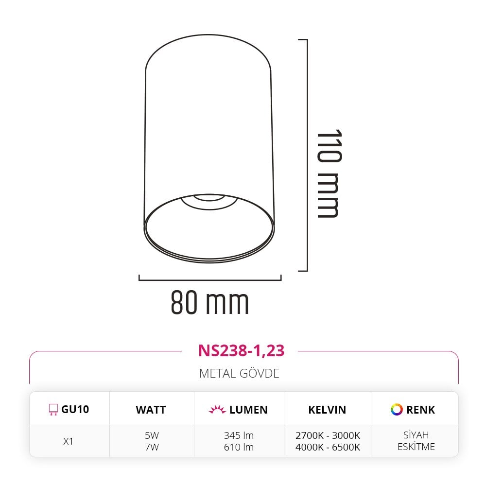 Nevo Sıva Üstü Led Spot Siyah Eskitme NS238-1