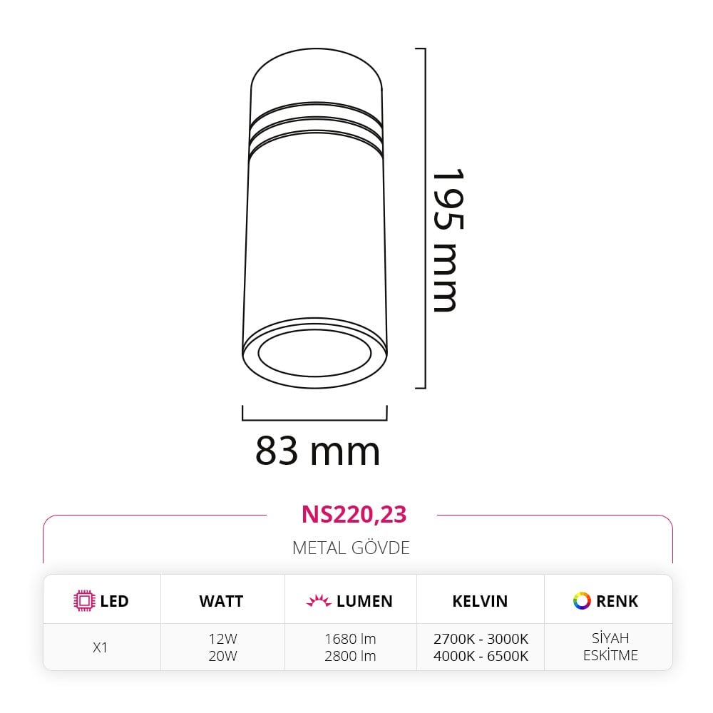 Nevo Sıva Üstü LED Spot Siyah Eskitme NS220