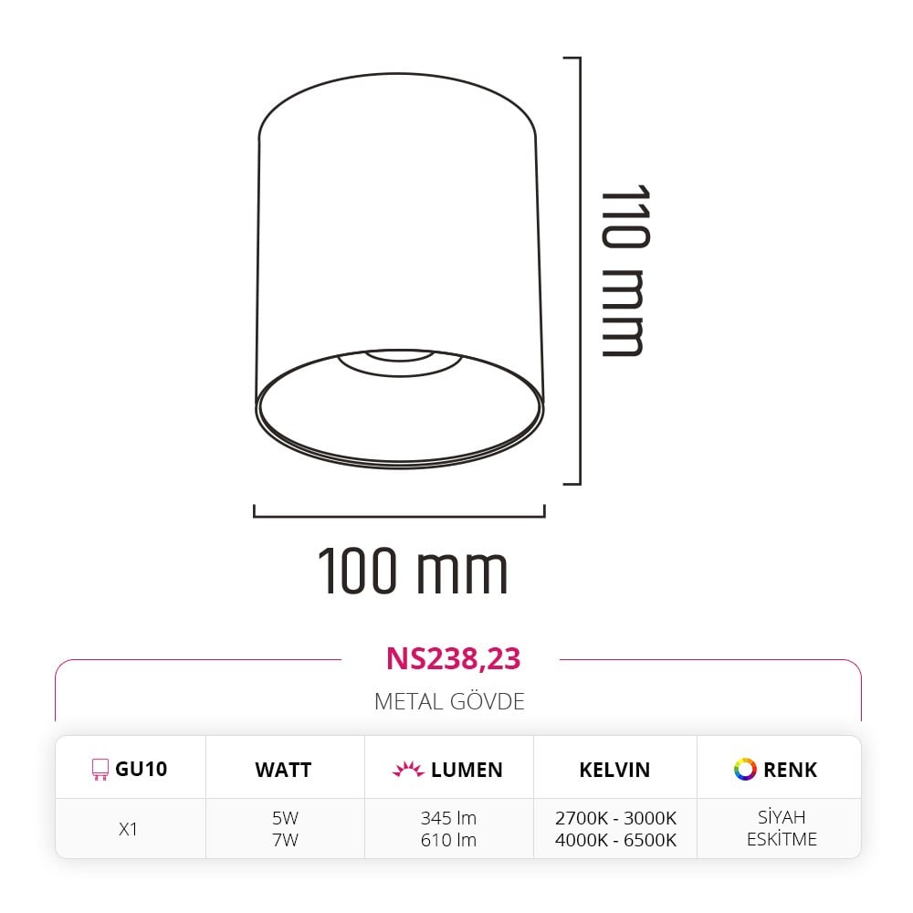 Nevo Sıva Üstü Led Spot Siyah Eskitme NS238