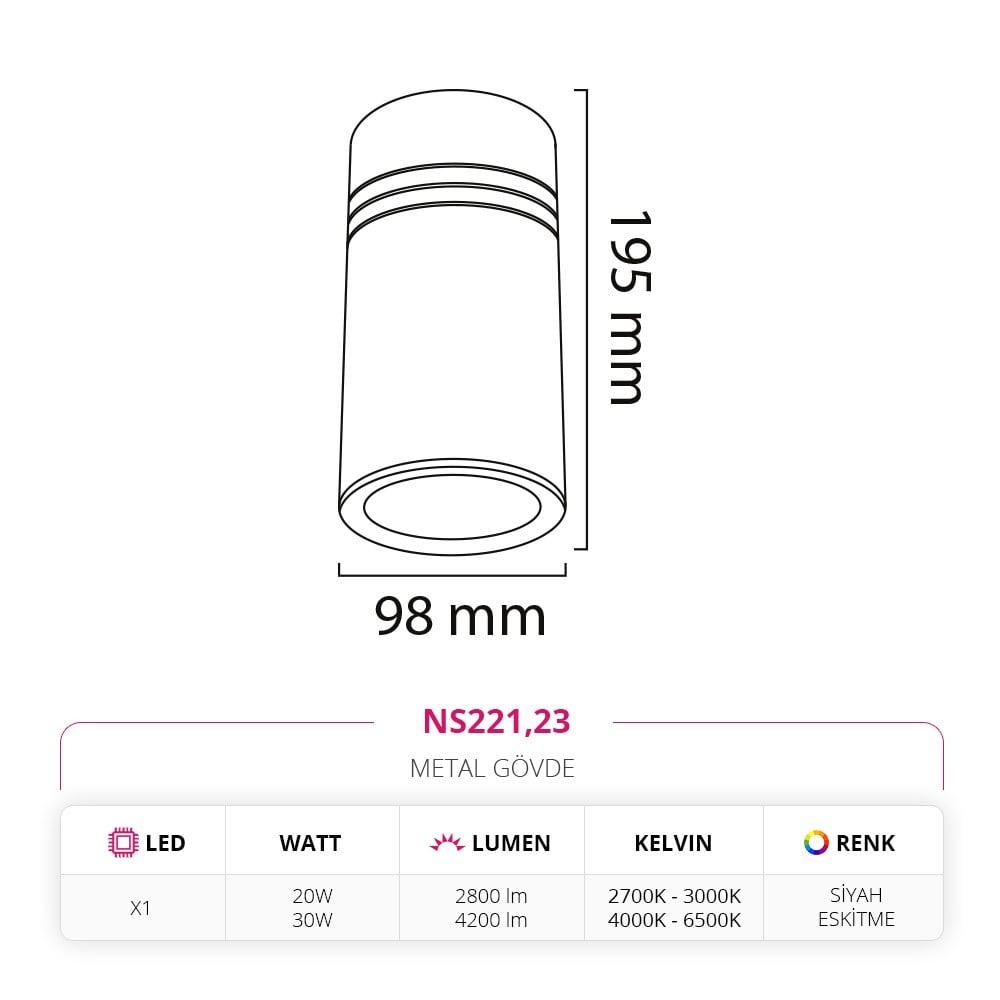 Nevo Sıva Üstü LED Spot Siyah Eskitme NS221