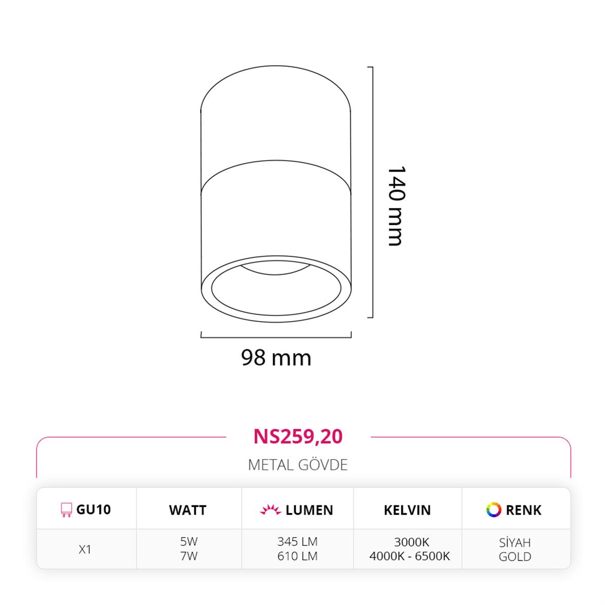 Nevo Sıva Üstü Led Spot Siyah Gold NS259