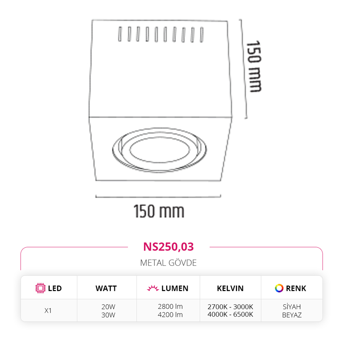 Nevo Sıva Üstü Spot Armatür NS250,03