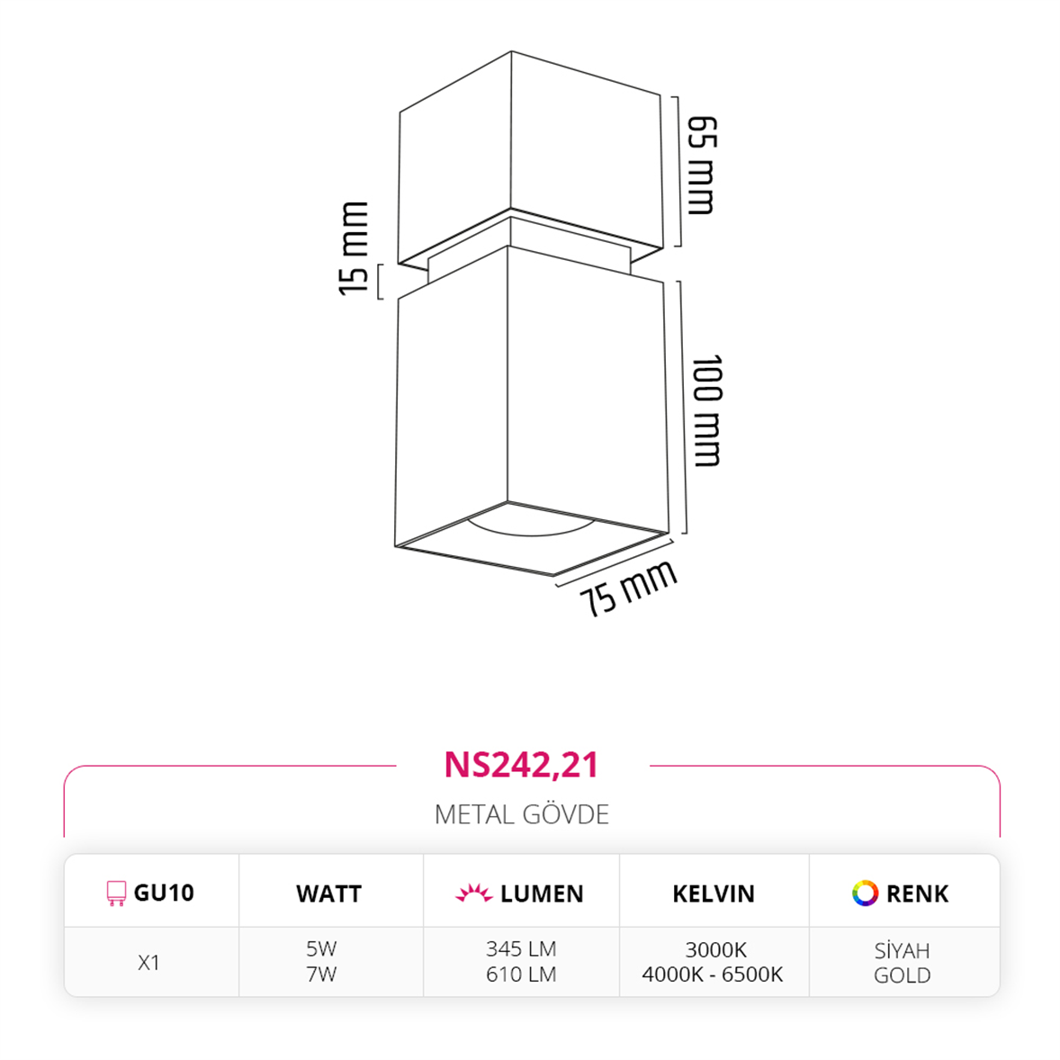Nevo Sıva Üstü Tavan Armatürü Siyah Gold NS242,21