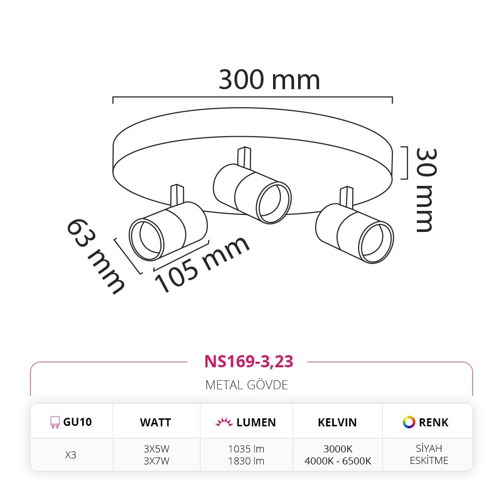 Nevo Sıva Üstü Üçlü Led Spot Siyah Eskitme NS169-3