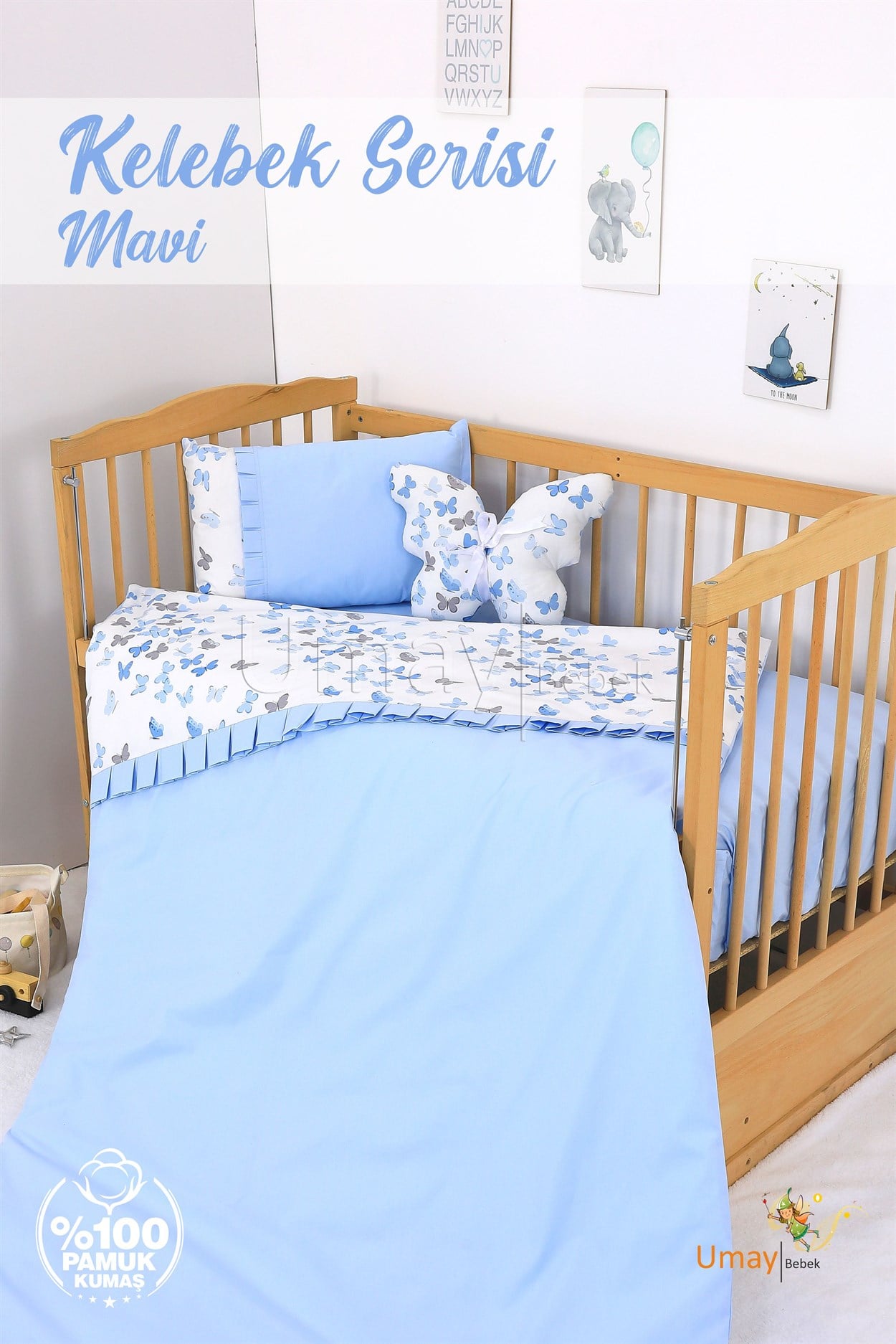 Umay Bebek Bebek Nevresim Takımı Lastik Çarşaf %100 Pamuk (Mavi Kelebek)