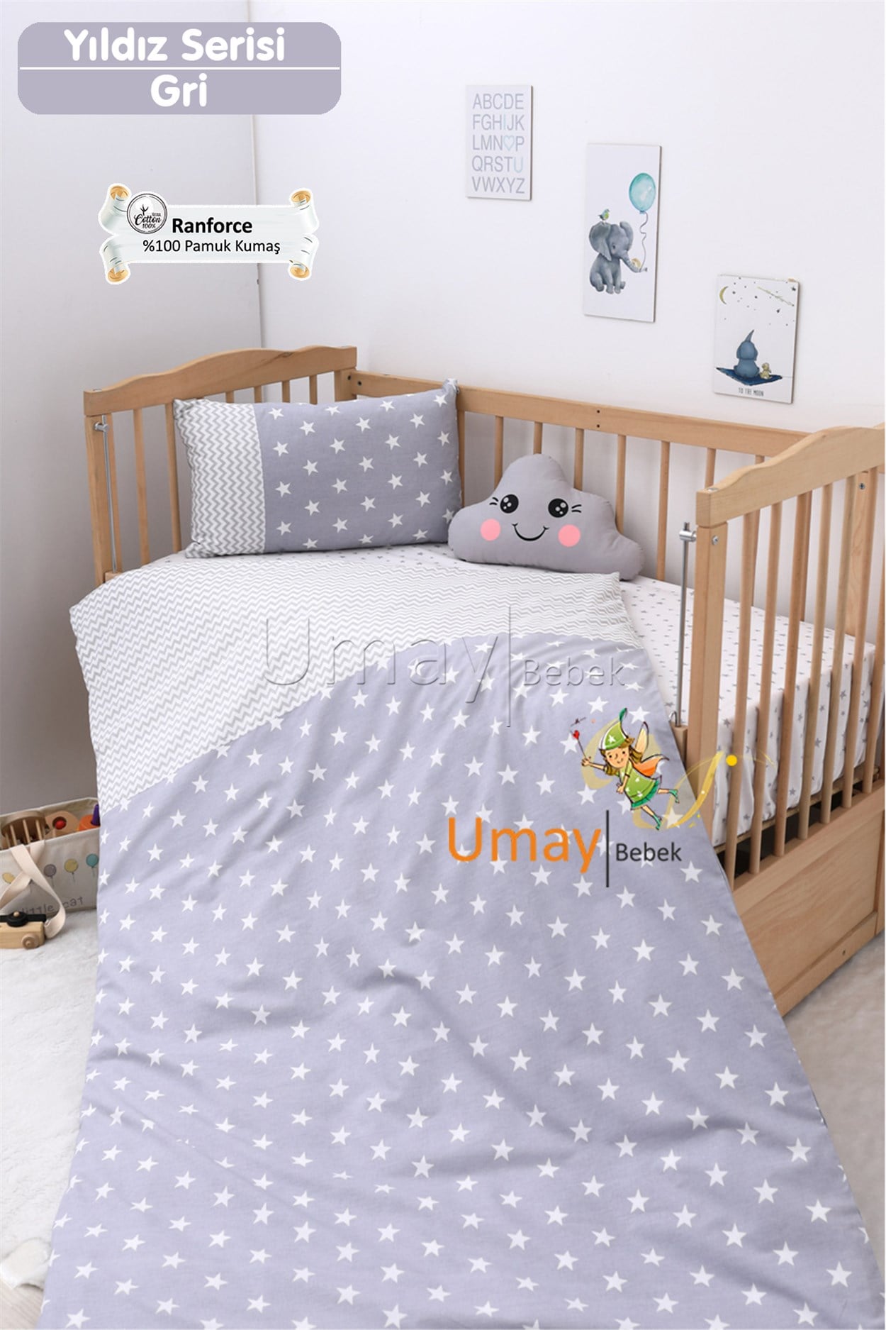 Umay Bebek Bebek Nevresim Takımı Lastik Çarşaf %100 Pamuk (Gri)