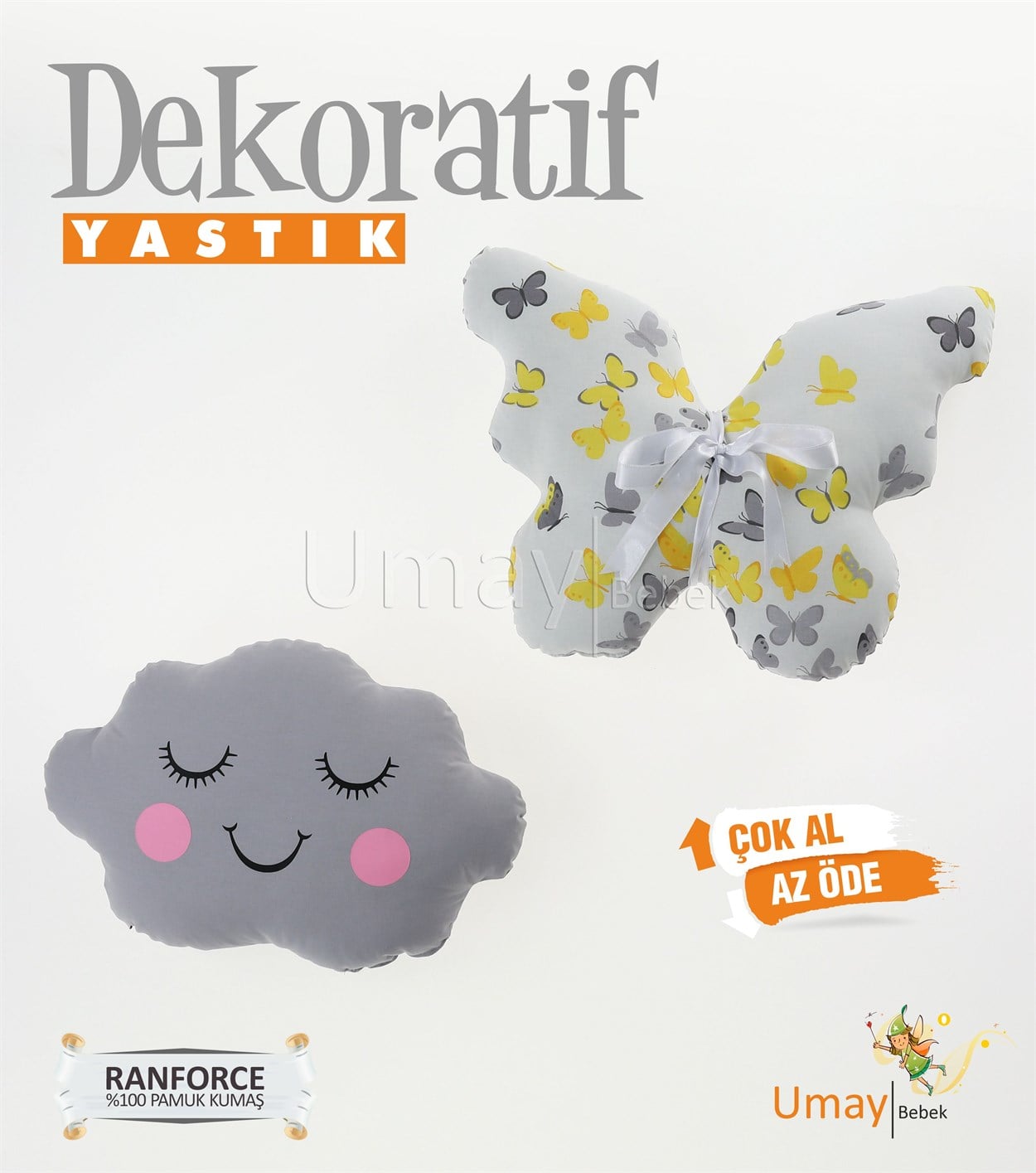 Umay Bebek2'li Dekoratif Bebek Yastığı %100 Pamuklu Kumaş - Gözü Kapalı Kelebek - Sarı/Gri