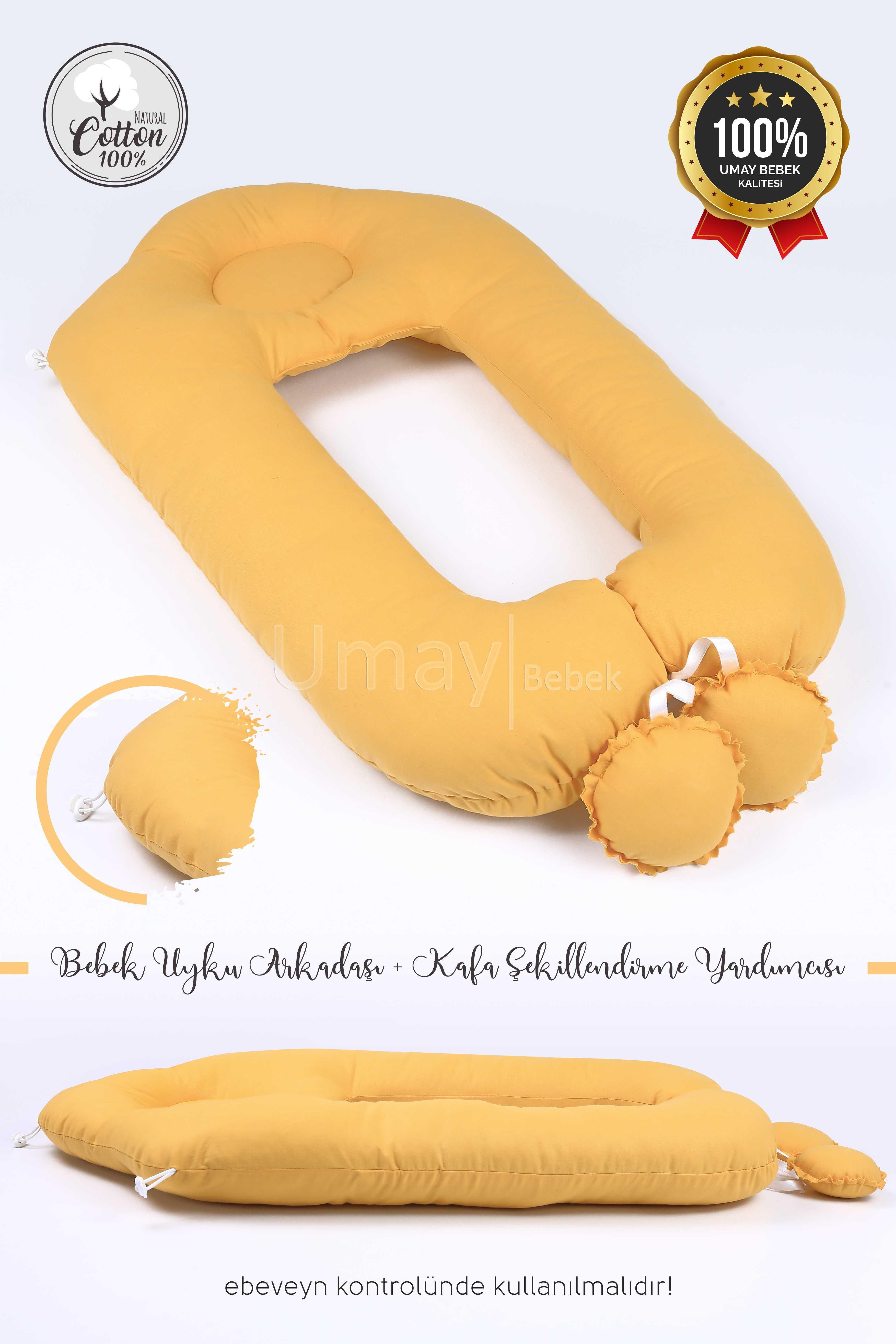 Umay Bebek2'si 1 Arada Bebek Sarılma Ve Şekillendirme Yastığı, Düz Kafa Yastığı %100 Pamuk Kumaş - Hardal