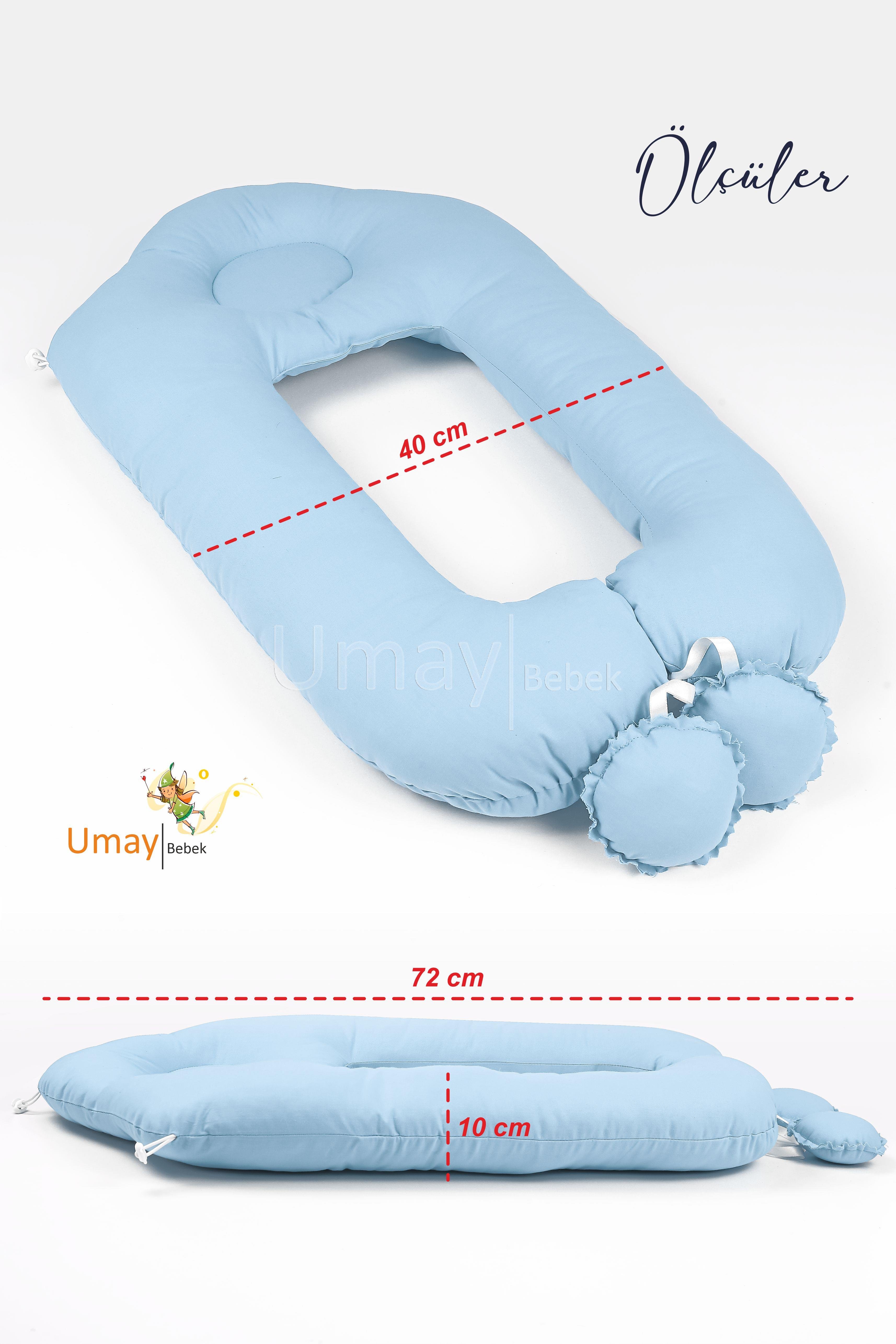 Umay Bebek2'si 1 Arada Bebek Sarılma Ve Şekillendirme Yastığı, Düz Kafa Yastığı %100 Pamuk Kumaş - Mavi