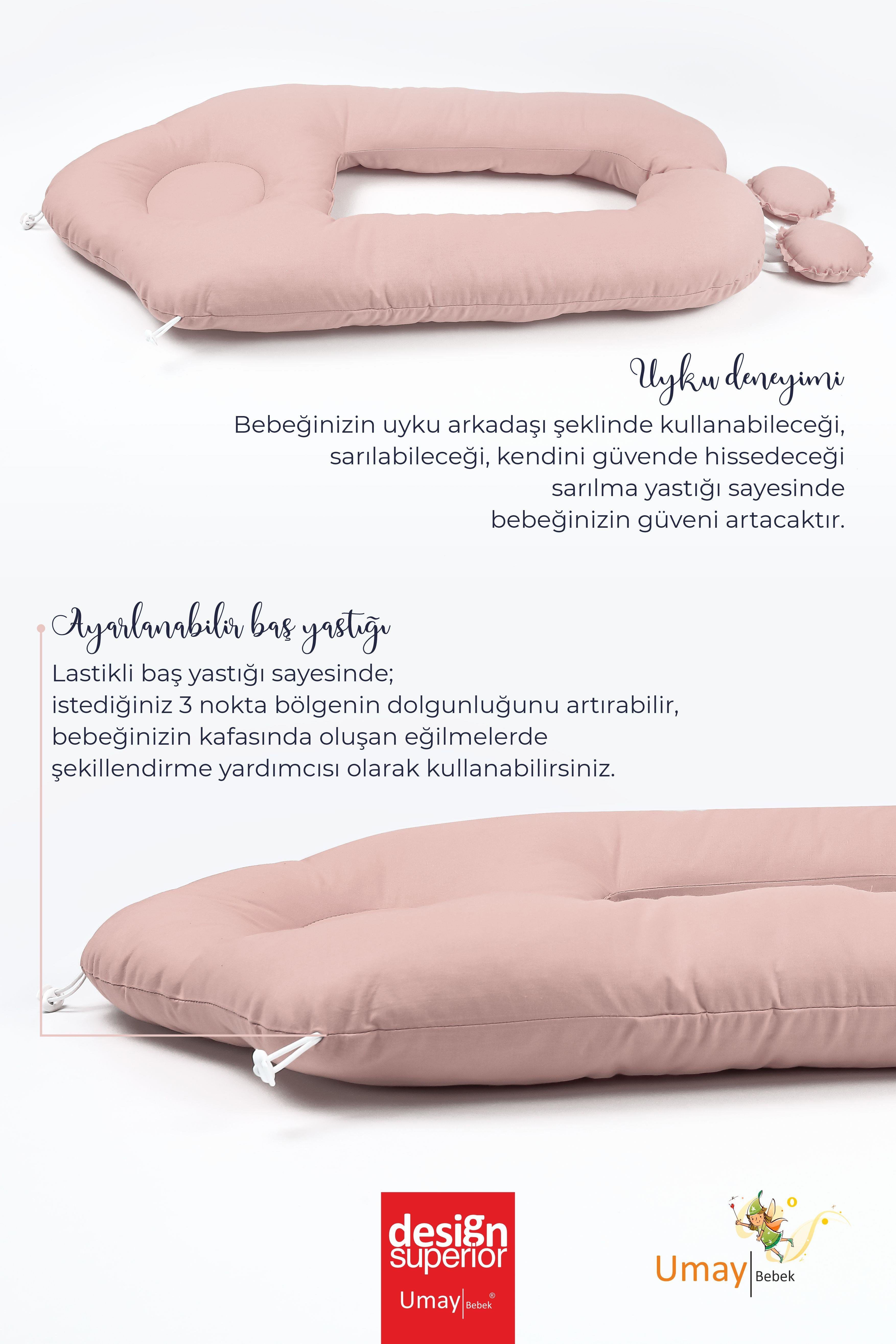 Umay Bebek2'si 1 Arada Bebek Sarılma Ve Şekillendirme Yastığı, Düz Kafa Yastığı %100 Pamuk Kumaş - Pudra