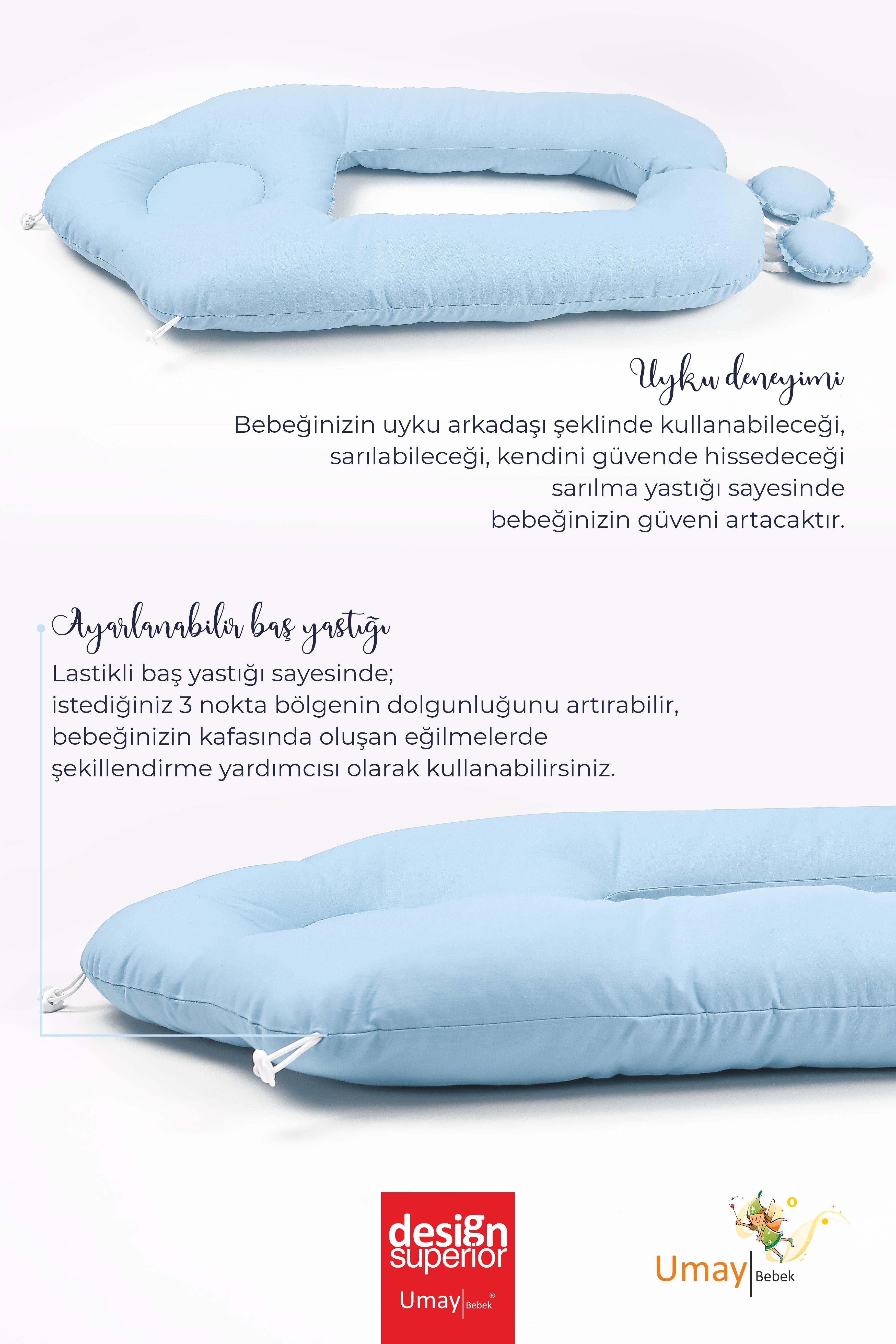 Umay Bebek2'si 1 Arada Bebek Sarılma Ve Şekillendirme Yastığı, Düz Kafa Yastığı %100 Pamuk Kumaş - Mavi