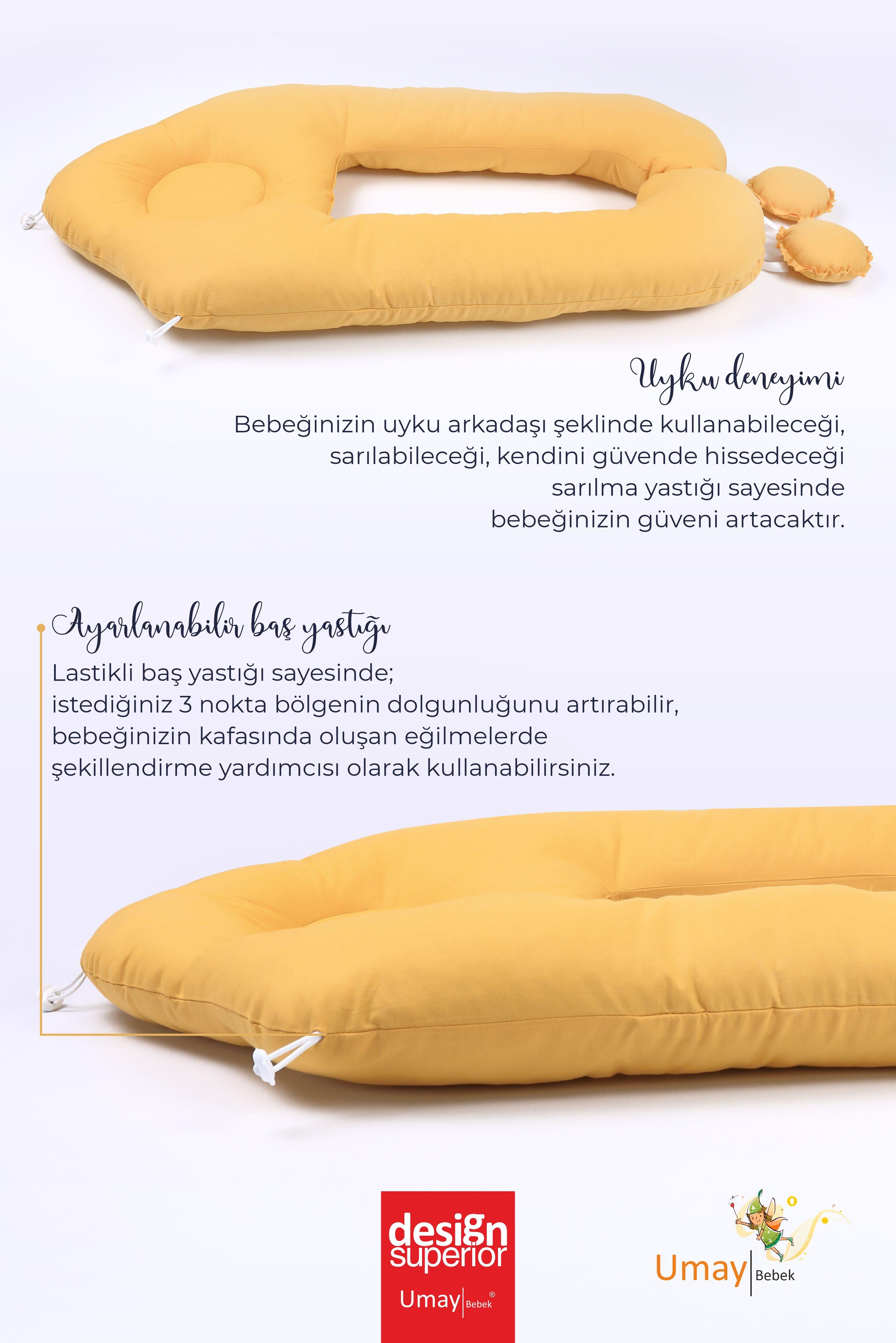 Umay Bebek2'si 1 Arada Bebek Sarılma Ve Şekillendirme Yastığı, Düz Kafa Yastığı %100 Pamuk Kumaş - Hardal