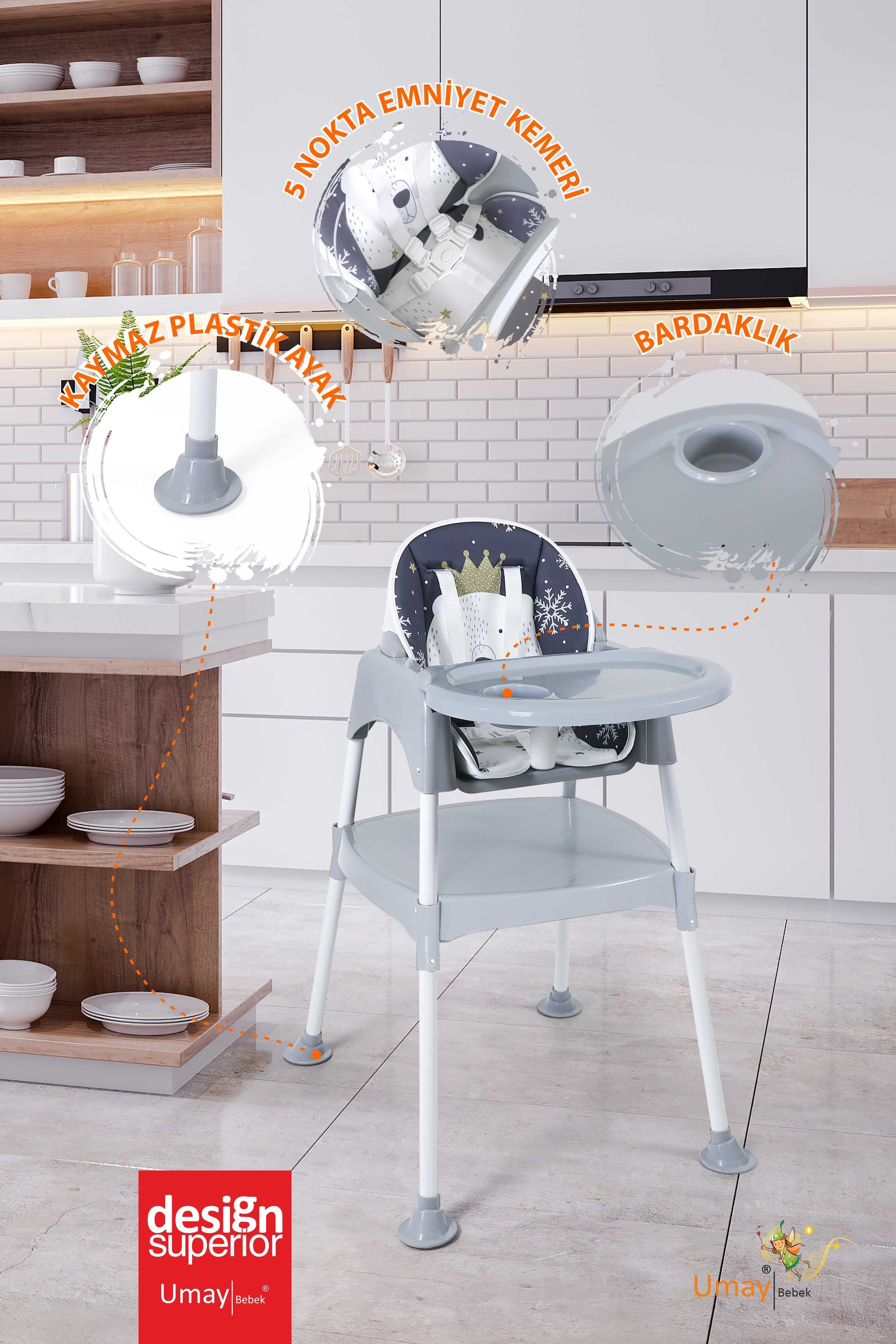 Umay Bebek3in1 Çalışma Masası, Mama Sandalyesi, Masa, Sandalye - Gri