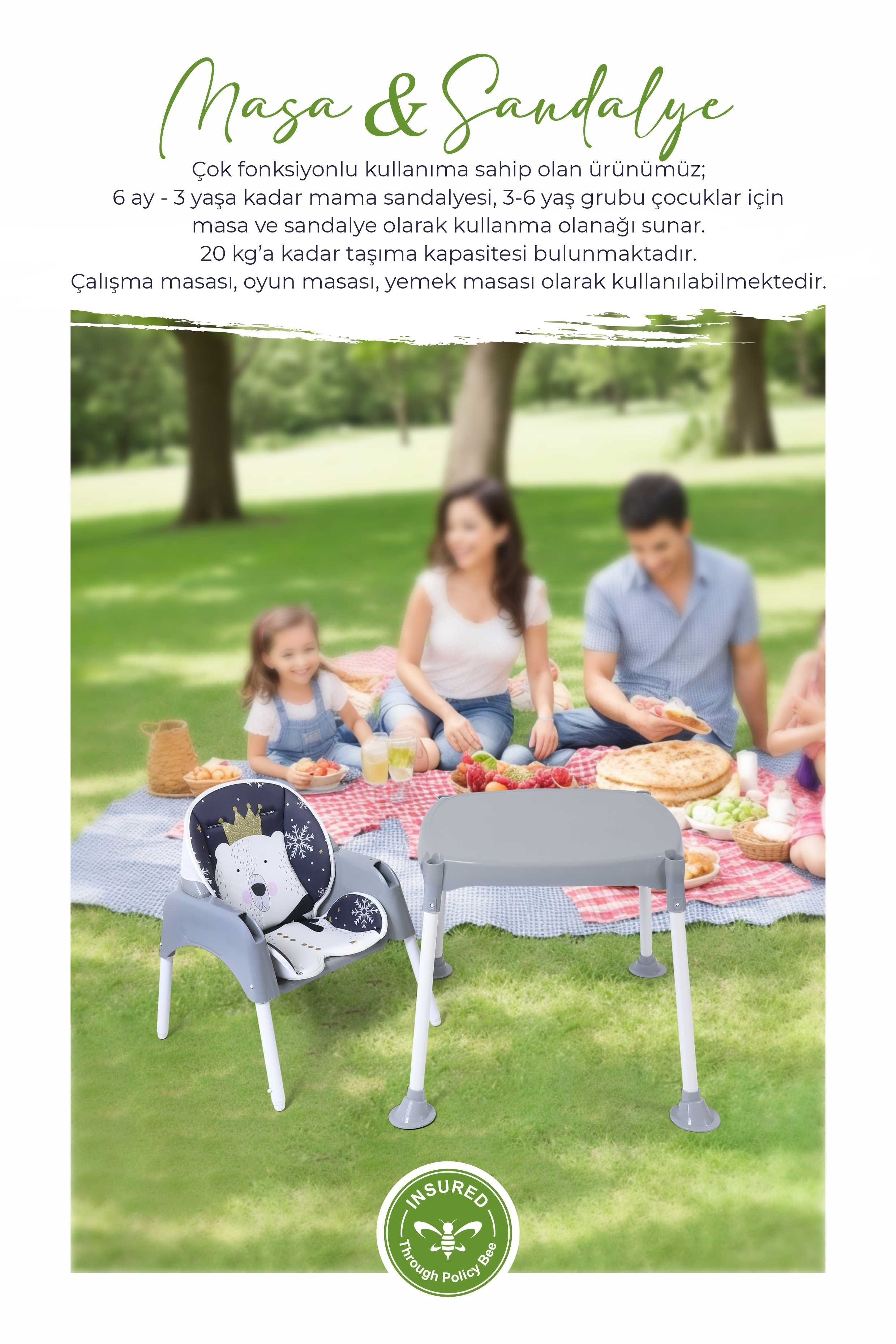 Umay Bebek3in1 Çalışma Masası, Mama Sandalyesi, Masa, Sandalye - Gri