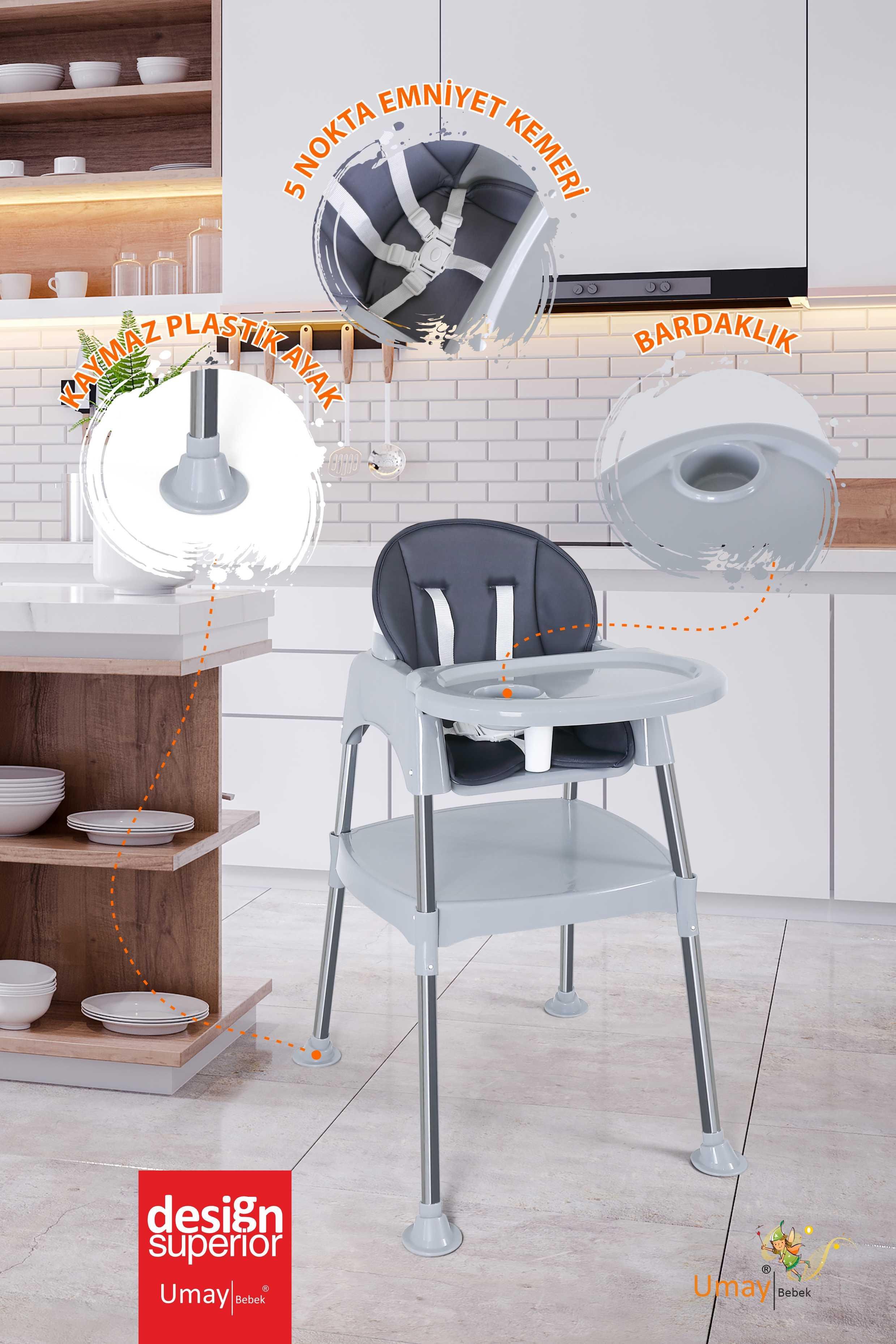 Umay Bebek3in1 Çalışma Masası, Mama Sandalyesi, Masa, Sandalye - Gri