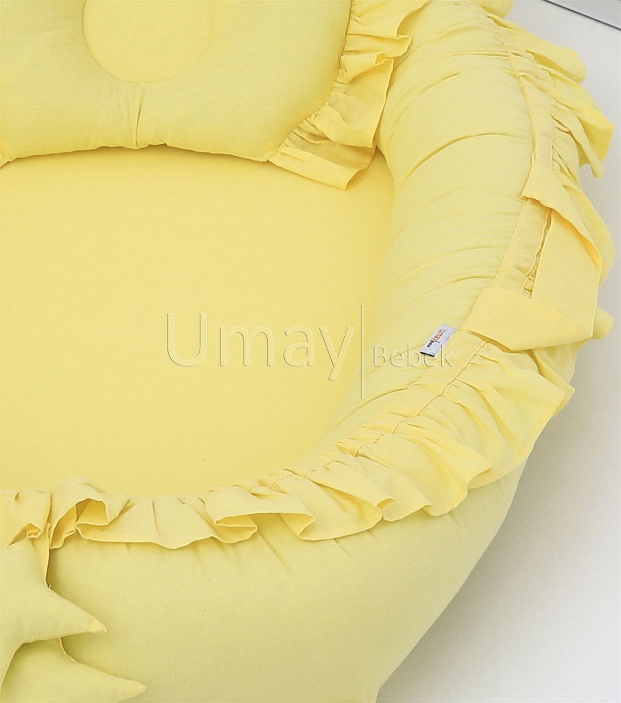 Umay Bebek5 parça Babynest, bebek pikesi, yorganı, dekoratif gülen yastık - Sarı Fırfırlı