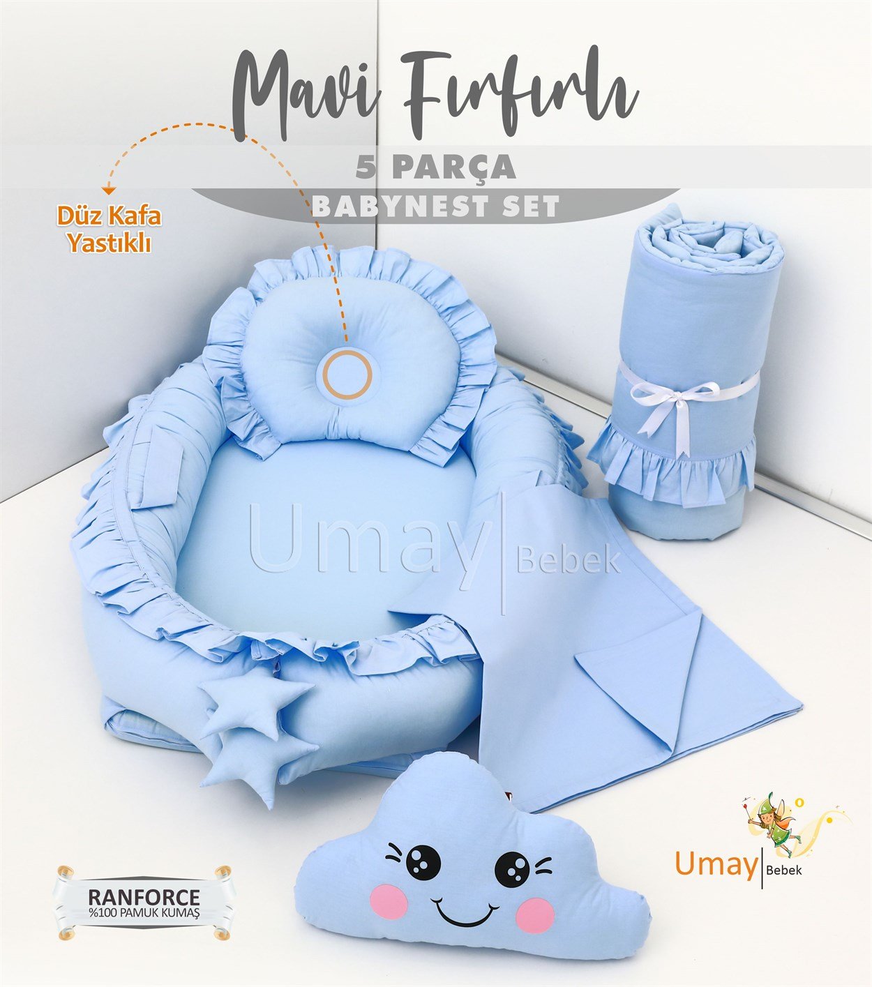 Umay Bebek5 parça Babynest, bebek pikesi, yorganı, dekoratif gülen yastık - Mavi Fırfırlı