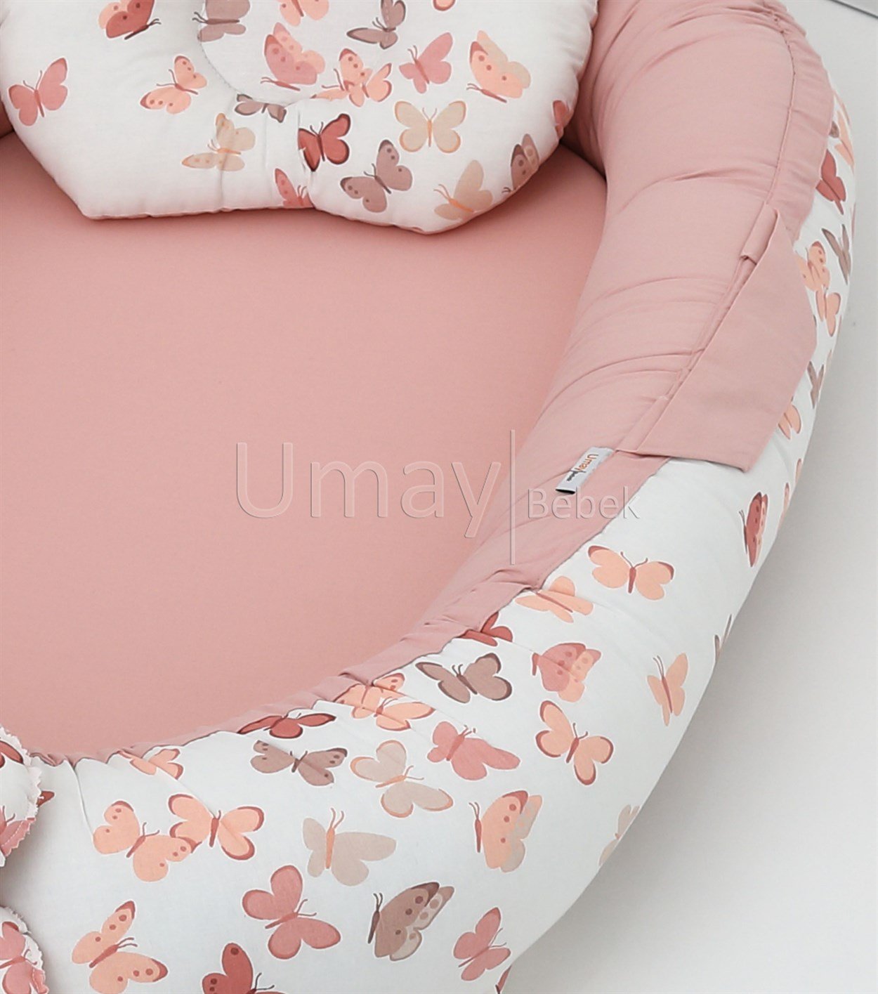 Umay Bebek5 parça Babynest, bebek pikesi, yorganı, dekoratif gülen yastık - Pudra Kelebek